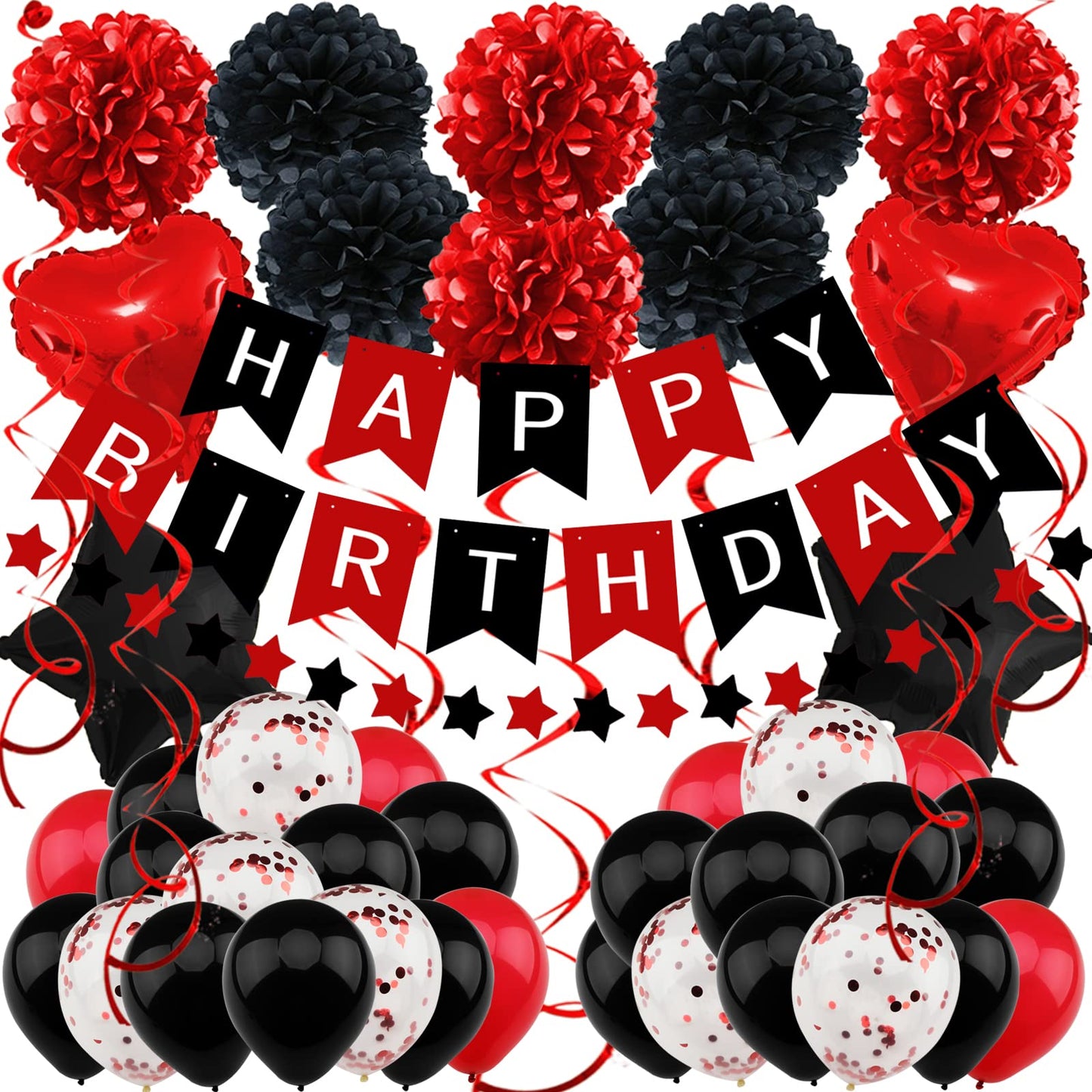 ZERODECO Birthday Decorations, Black and Red Birthday Party Decorations Happy Birthday Banner Pompoms Balloon for Men Women Birthday Party Decorations