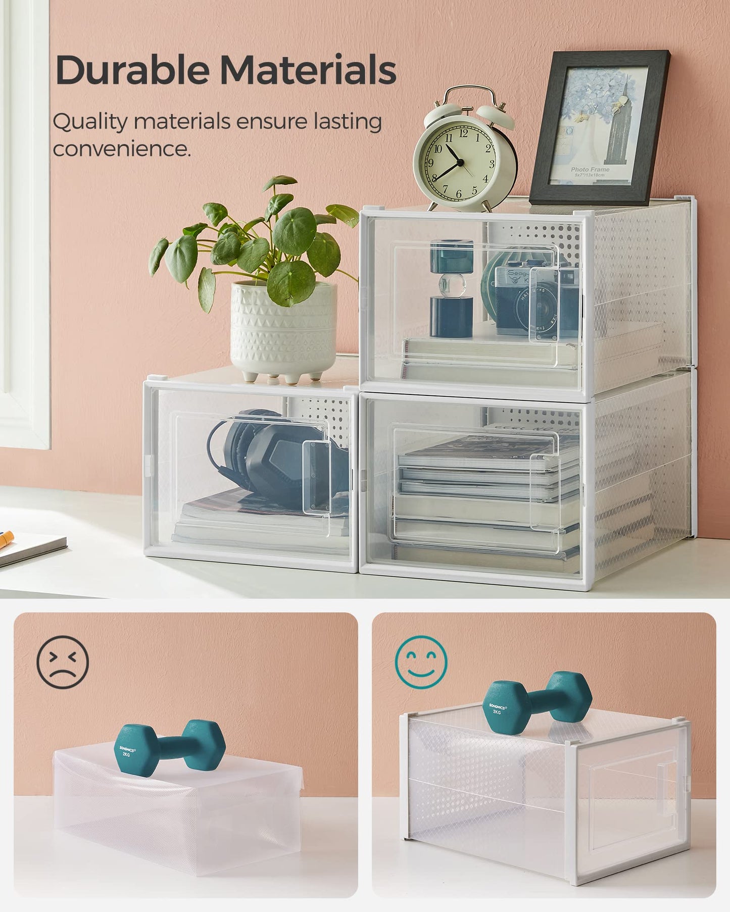 SONGMICS Shoe Boxes, Pack of 18 Stackable Shoe Storage Organisers, Foldable and Versatile for Sneakers, Fit up to UK Size 11.5, Transparent and White