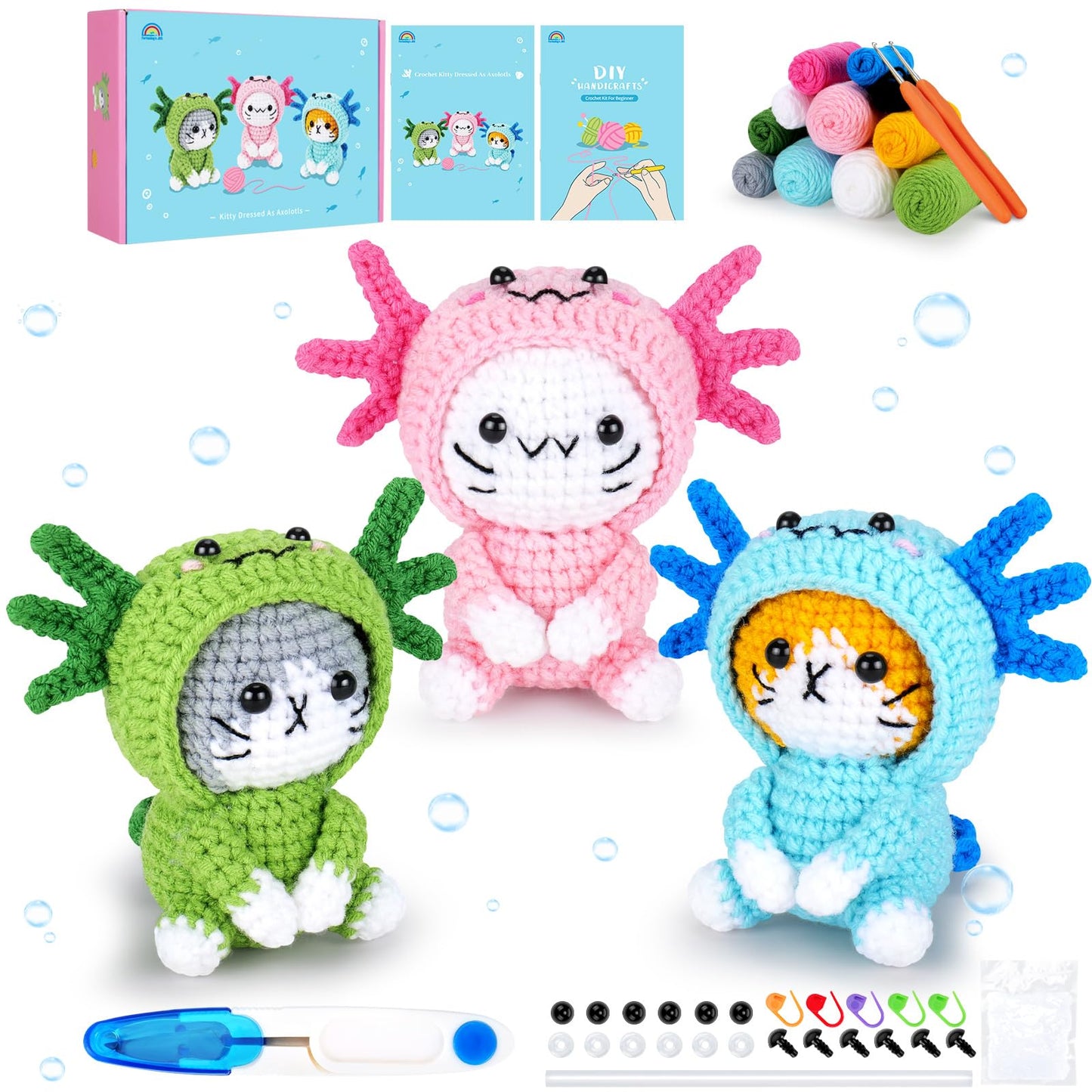 Axolotl Crochet Kit for Beginners with Video, Cat Crochet Kit Cosplay Axolotl Animal Knitting Kit Crocheted Animal Kits Complete Kitten Crochet