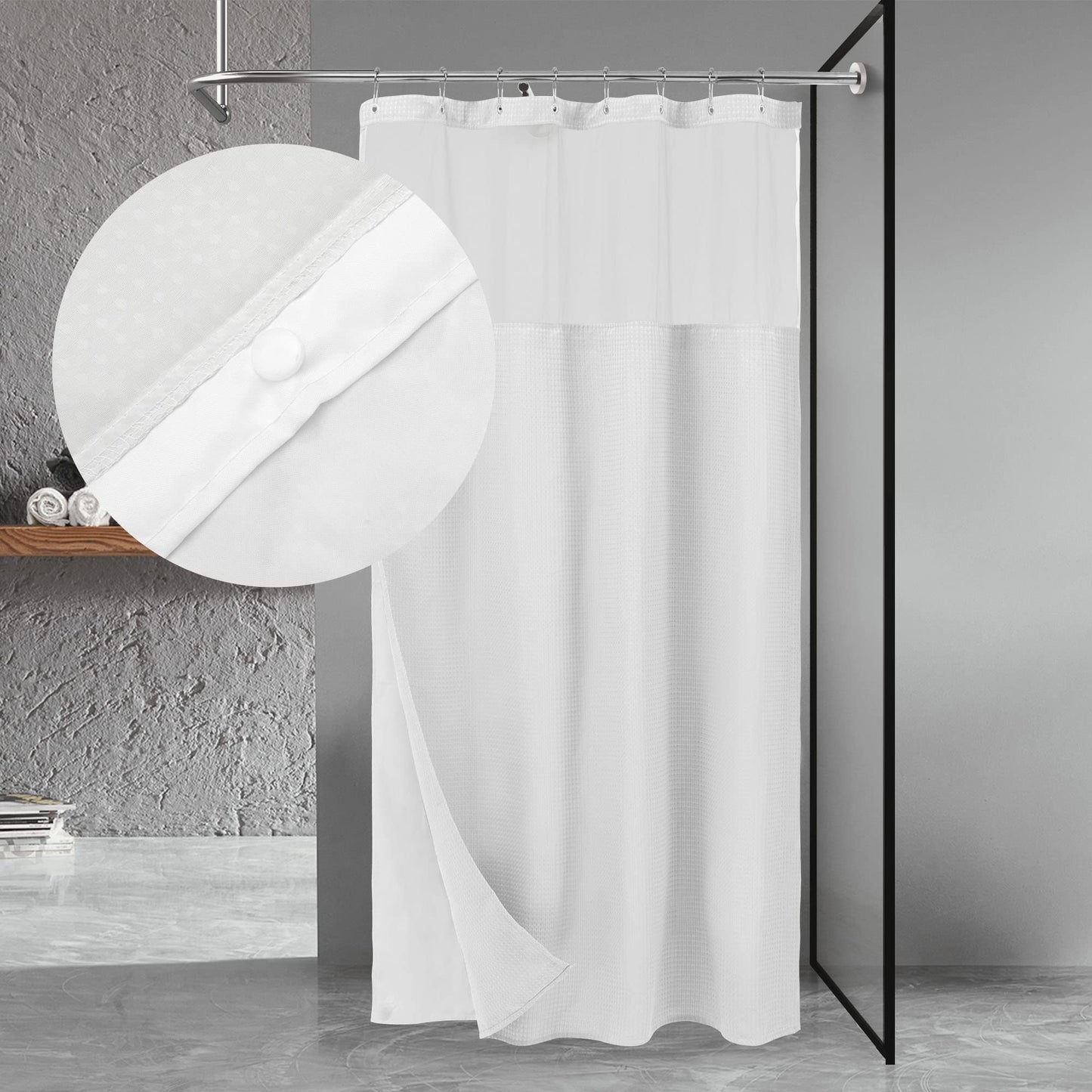 N&Y HOME 48 Inch Waffle Weave Shower Curtain with Snap-in Fabric Liner & 12 Metal Hooks Set - 48" x 72" Shower Stall Size, Hotel Style & Mesh Top