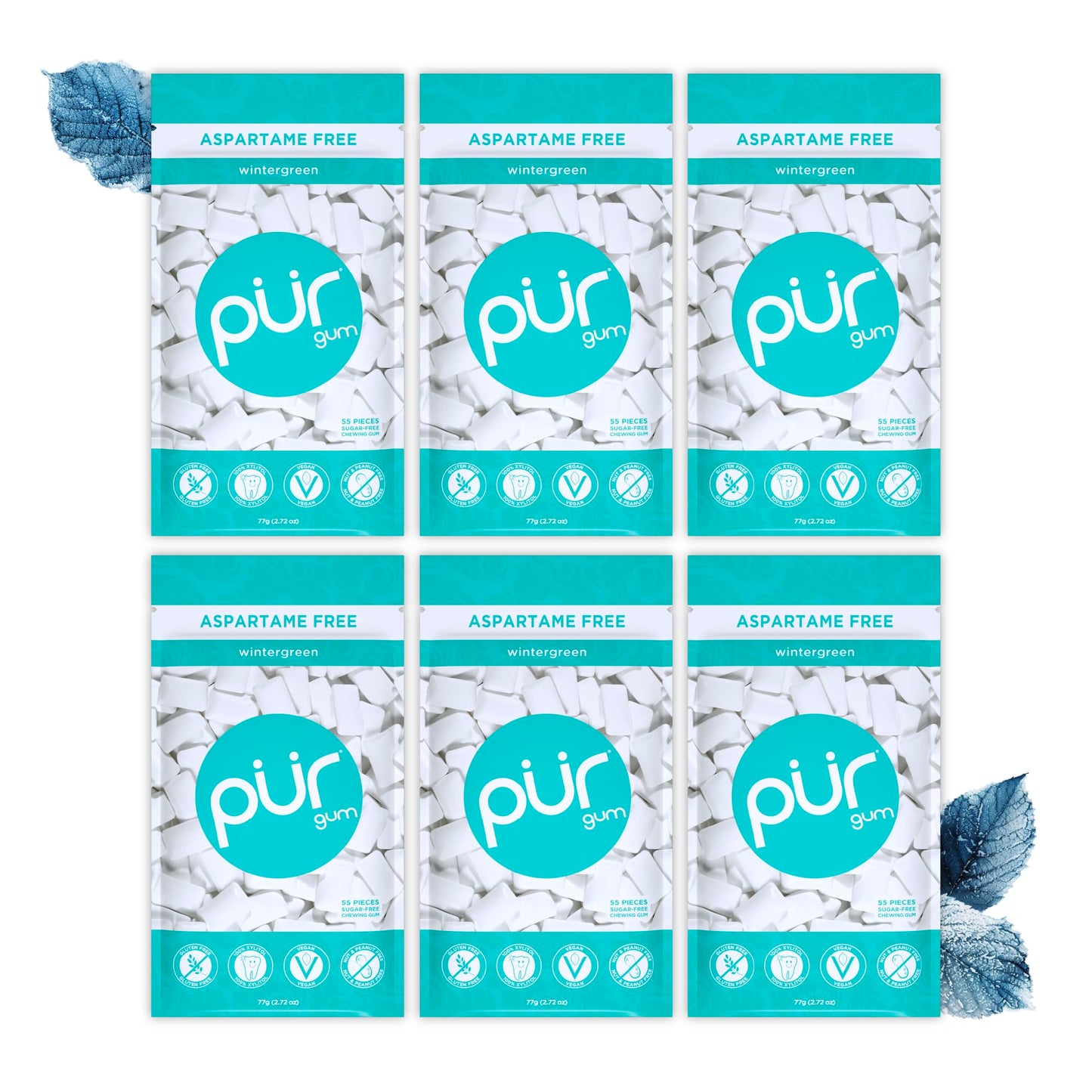 PUR Gum | Sugar Free Chewing Gum | Made with Xylitol | Vegan, Aspartame Free, Gluten Free and Keto Friendly | Natural Wintergreen Flavoured Gum, 55