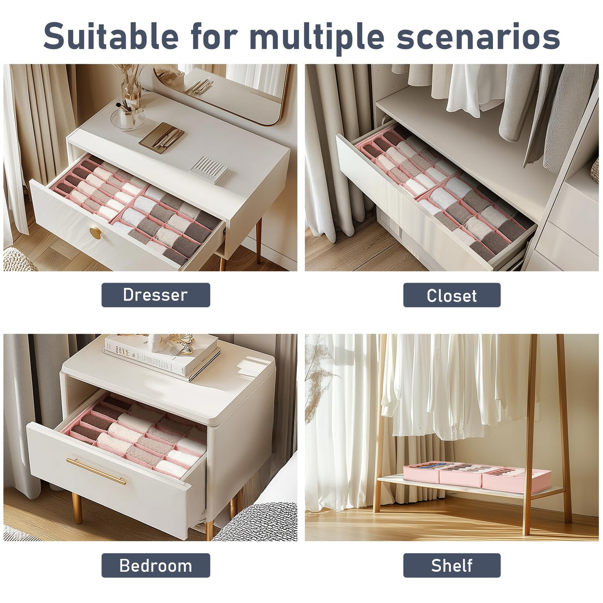 DIMJ Sock Organizer Drawer Dividers - 2 Pack Underwear Organiser, 24 Cells Collapsible Closet Organisers and Storage Sock Holders Organisers for