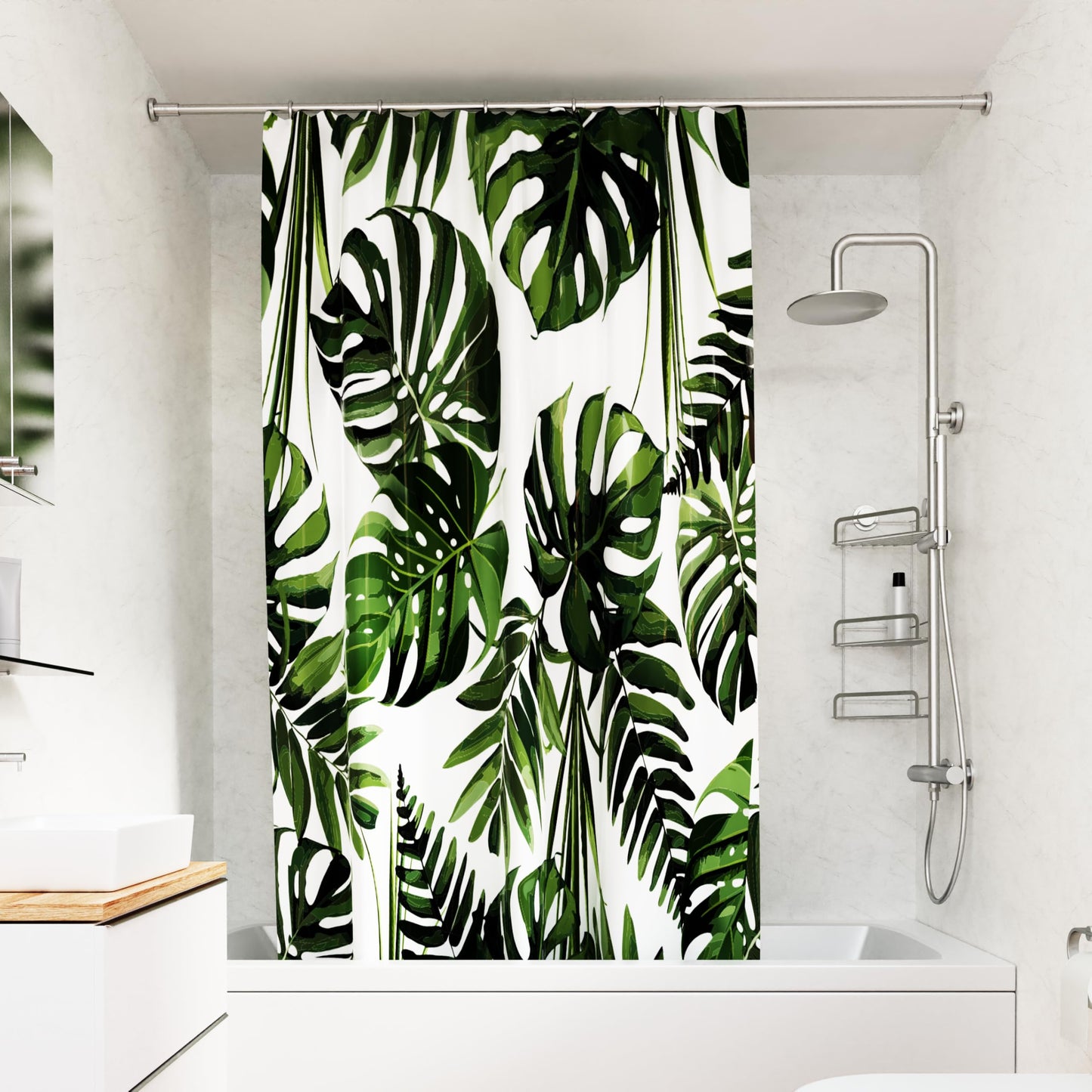 Croydex Shower Curtain with Green Botanical Leaves Design - 100% Polyester with a Weighted Hem, Machine Washable and coated with Proseal for Water