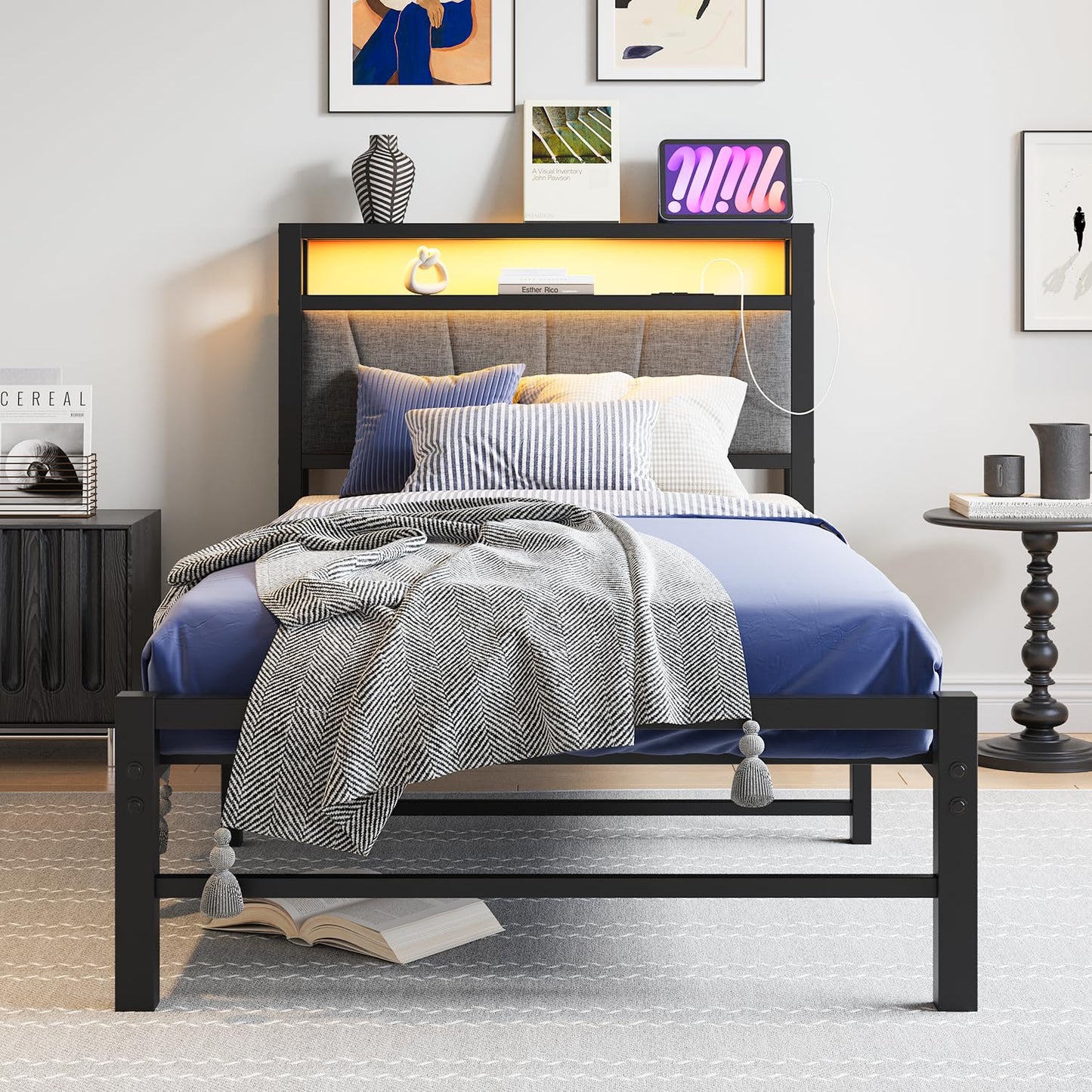 BORPHOM 3ft Single Bed Frames with Storage Headboard,Charging Station/LED Lights,Metal Upholstered Platform Bed Frame Single No Box Spring