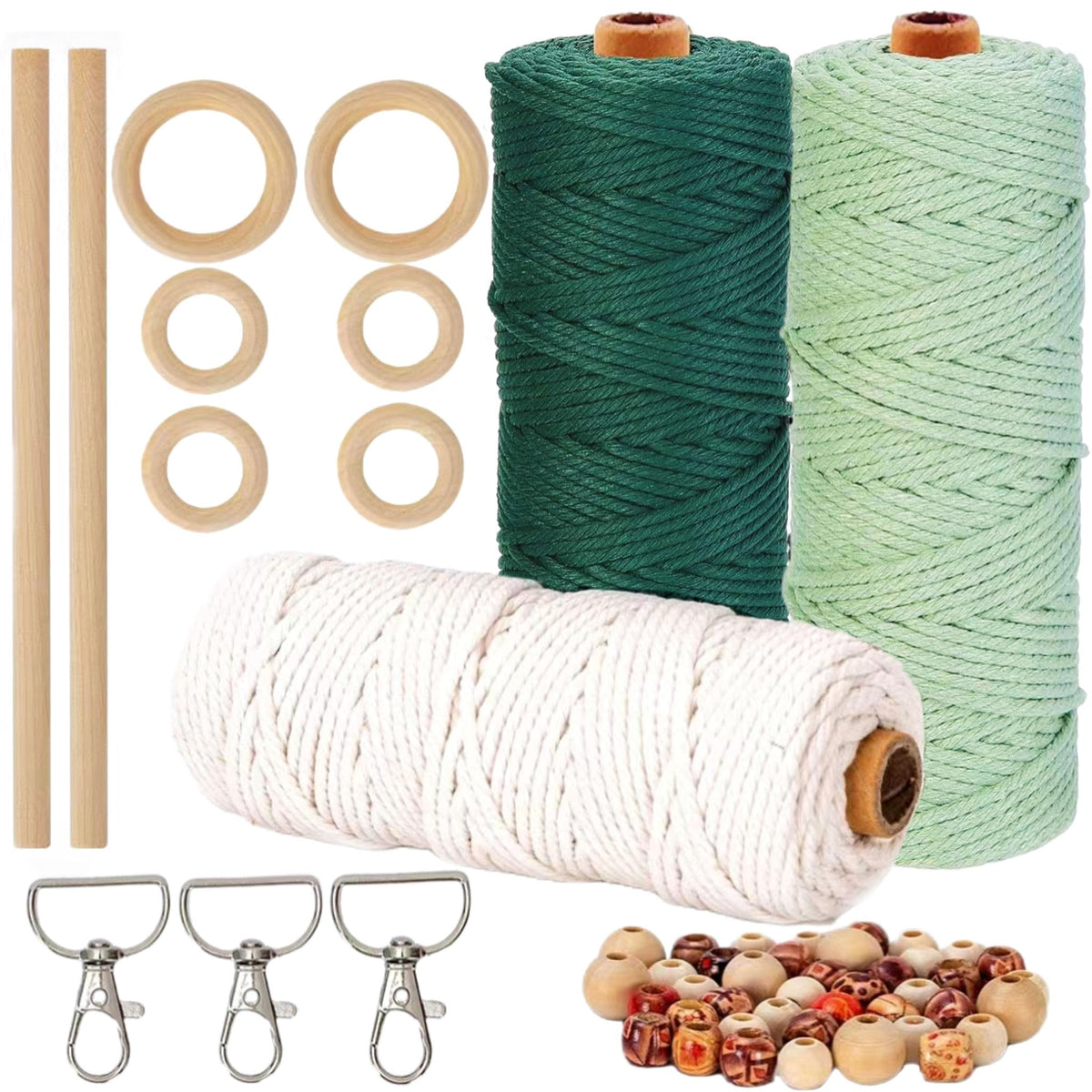 HanCheng 3 Pieces 60 m Macrame Yarn 3 mm Colourful, Macrame Yarn Set Colourful with 40 Wooden Beads, 6 Wooden Rings, 2 Wooden Sticks, 3 Keyrings