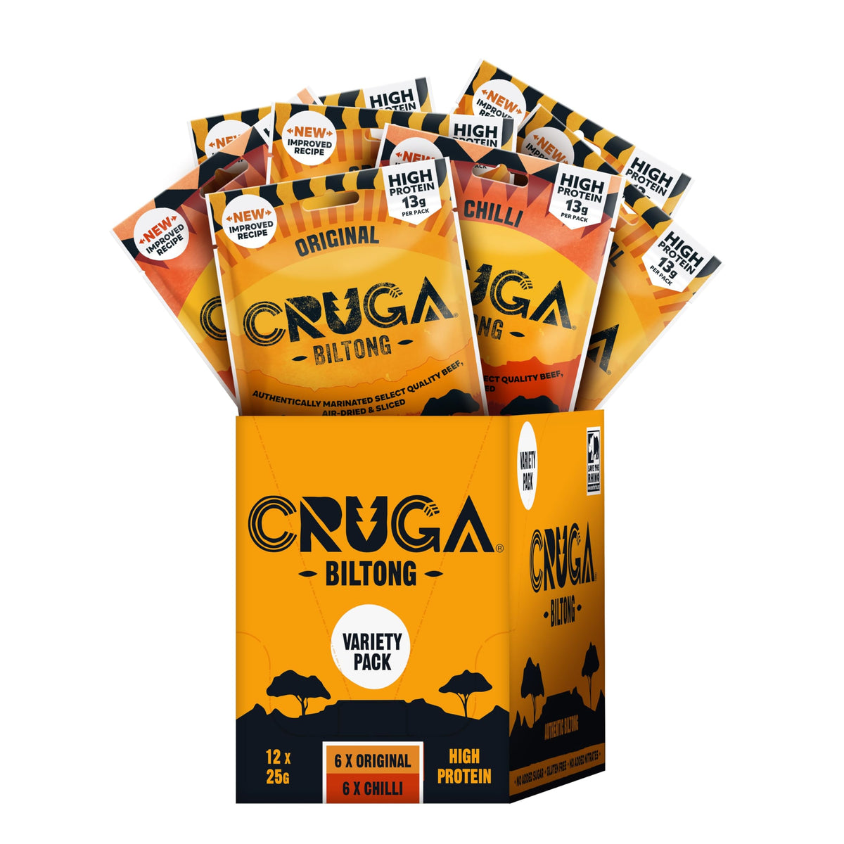 Cruga Beef Biltong Variety Pack 12 ? 25g ? 6 ? Original, 6 ? Chilli ? High Protein Gluten Free Snack ? Low Sugar ? No Added MSG ? Ideal for Gym,