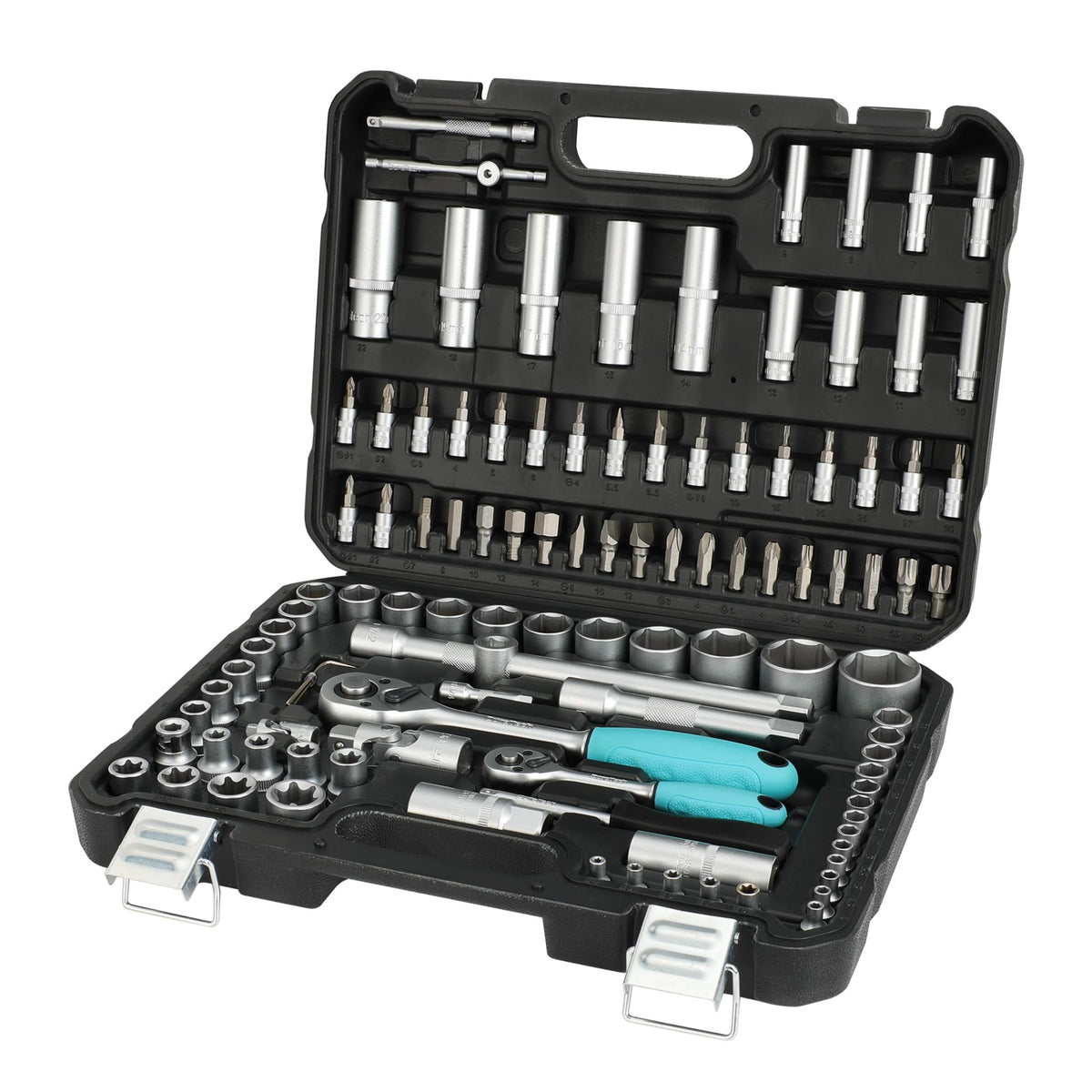 DURATECH Professional Socket Set 108-Piece, 1/2" and 1/4" Square Drive Quick Release Ratchet Socket Set with Carrying Box, Cr-V Sockets, S2 Bits,