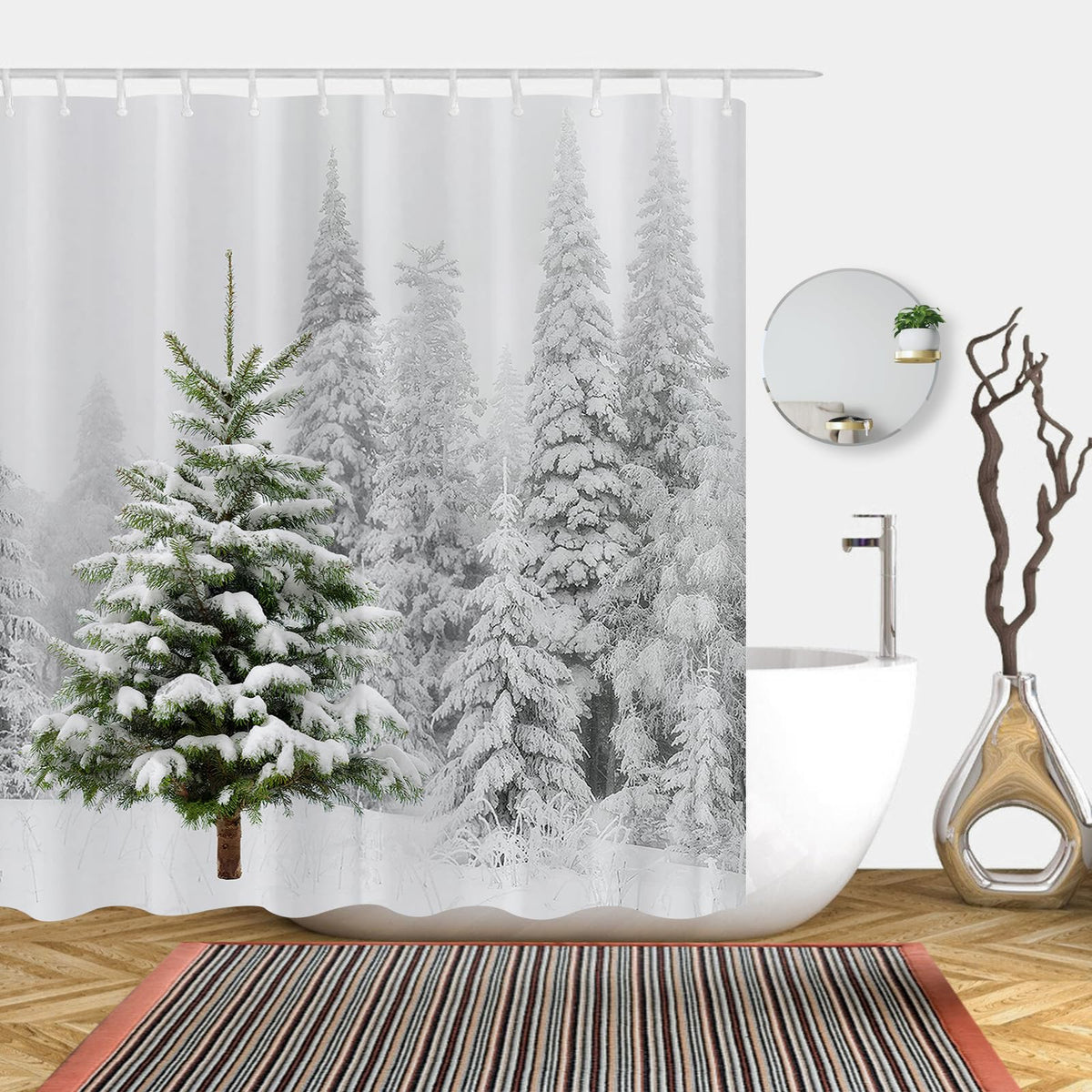 Abaysto Christmas Shower Curtain Set Natural Winter Forest Snowflake Snowfall Bathroom Curtain Durable Waterproof Fabric Bathtub Sets Home Decor with