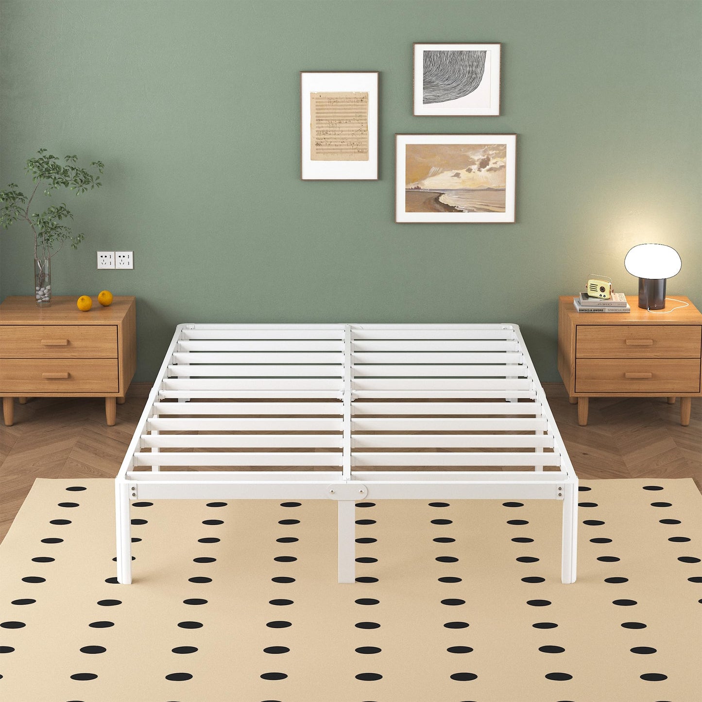 Lutown-Teen Metal Bed 150 x 190 cm with Round Legs, 36 cm Height Bed Frame Double Bed with Metal Slatted Frame, White