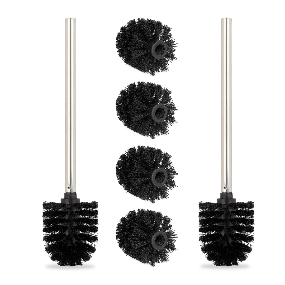 Relaxdays Toilet Brushes, Set of 2, 4X Replacement Heads, Stainless Steel Handle, Bathroom, H x diam. 35 x 8 cm, Black