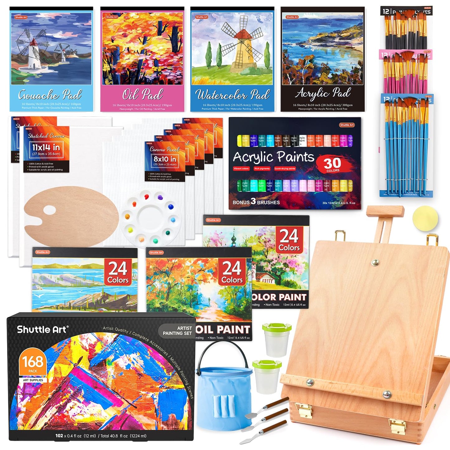 Shuttle Art 168 Pcs Artist Painting Set, Art Set with Stand & Wooden Table Top Easel, Acrylic Paints,Watercolour, Gouache, Oil Paints, Mixed Media Art
