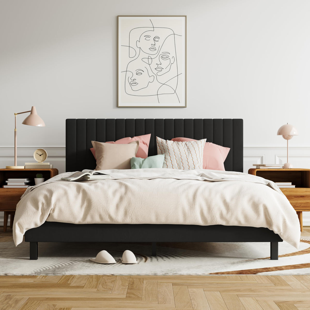 XINBEDEU 5ft King Double Bed Frame, Upholstered Platform Bed with Adjustable Velvet Headboard, Sturdy Wooden Slats, Silent Design, No Spring Mattress