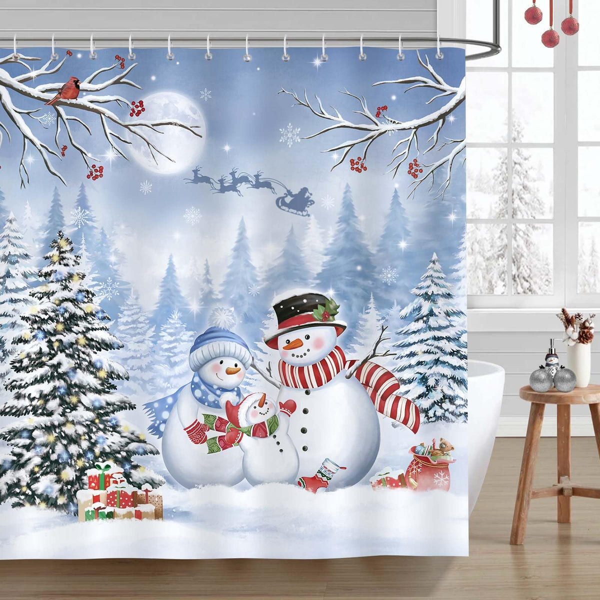 Bonhause Christmas Snowman Shower Curtain, Xmas Tree Snowy Forest Winter Bathroom Curtain 180 x 180 cm Waterproof Mildew and Mould Resistant Polyester