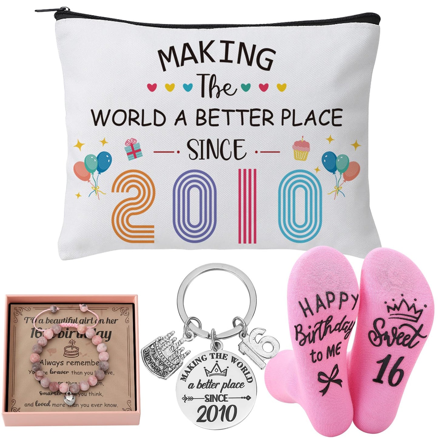 ViEinkaufen 16th Birthday Gifts for Girls,Sweet 16th Birthday Gifts for Her Makeup Bag Bracelet Keyring and Socks for 16 Year Old Girls,Sweet Presents