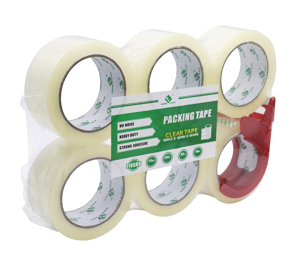 BOMEI PACK Extra Quiet No Noise Silent Clear Packing Tape Heavy Duty Packaging for Moving Shipping,Office and Storage,6 Rolls 60mic x48mm x66m with a