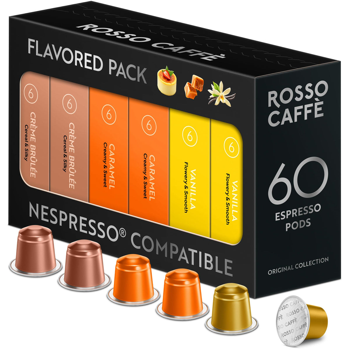 ROSSO CAFF? 60 Nespresso Machine Compatible Capsules, Flavour Pack (Vanilla, Caramel & Creme Brulee), Aluminium Coffee Pods, Compatible with Original