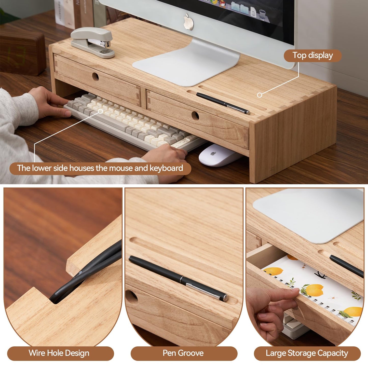 KIRIGEN Wood Monitor Stand with 2 Drawers Computer Arm Riser Desk Storage Organizer, TV Laptop Printer Stand,2-Tier Desktop Shelf Natural