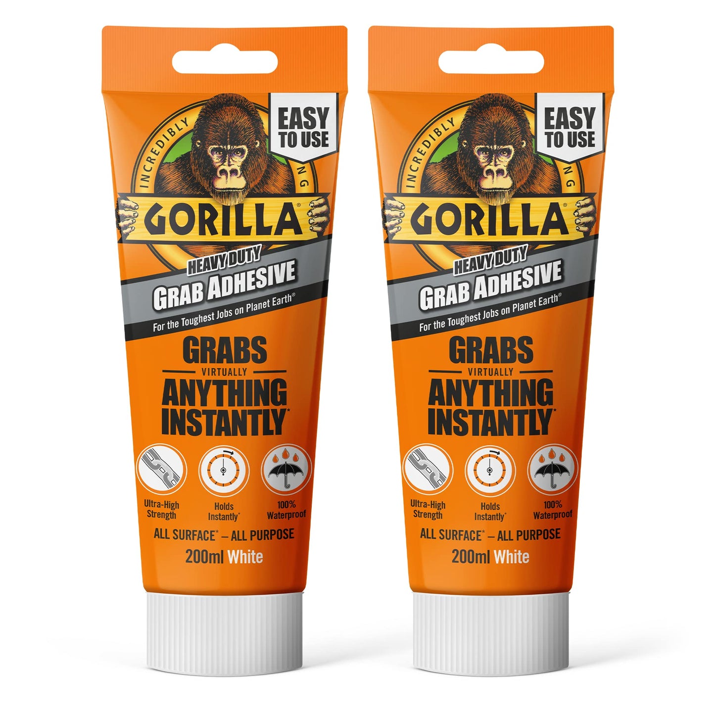 Gorilla Heavy Duty White Grab Adhesive, 200ml Tube (2 Pack) ? All-Purpose, Ultra-High Strength & Holds Instantly | 100% Waterproof & Temperature