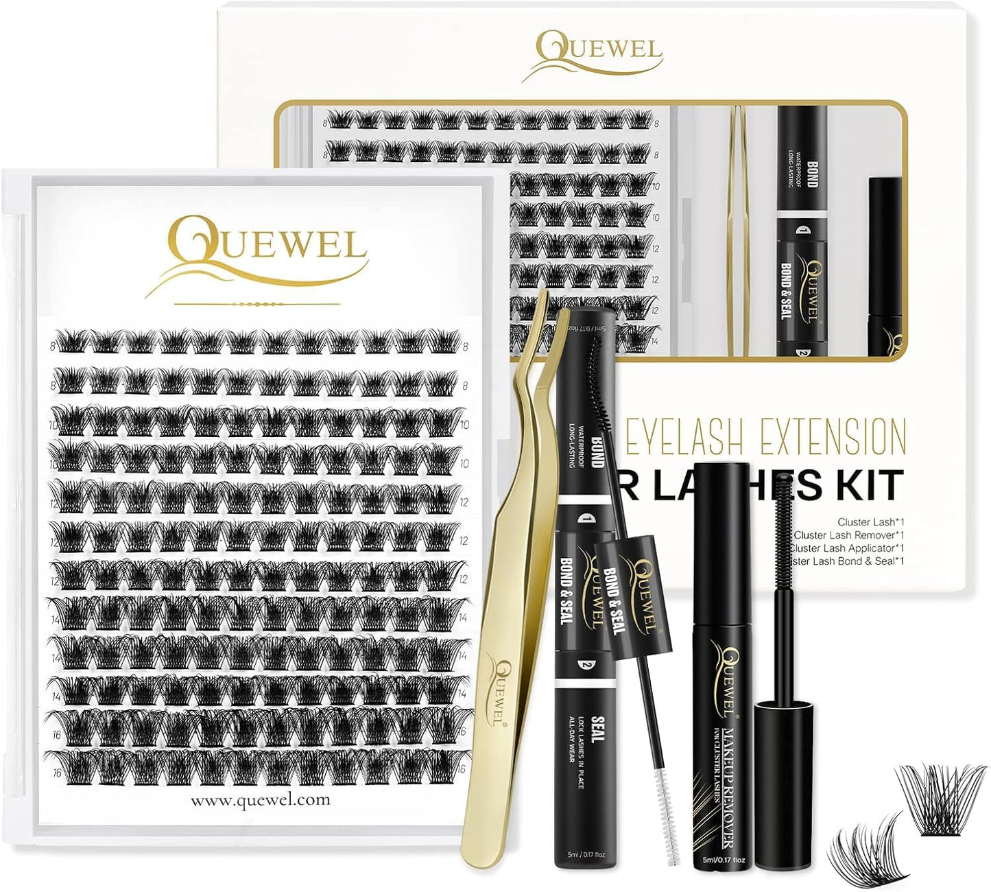 Individual-Lashes 144 Cluster-Lashes QUEWEL DIY Eyelash Extensions Kit, Clusters Eyelash Applicator, Cluster-Lashes Bond and Seal Super Hold, Clusters
