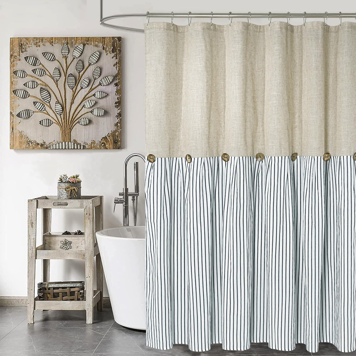 DOSLY ID?ES Country Style Shower Curtain Beige Blue Stripes Button Curtain Linen Fabric Cotton Rustic Charm Country Elegant Style 183x183cm