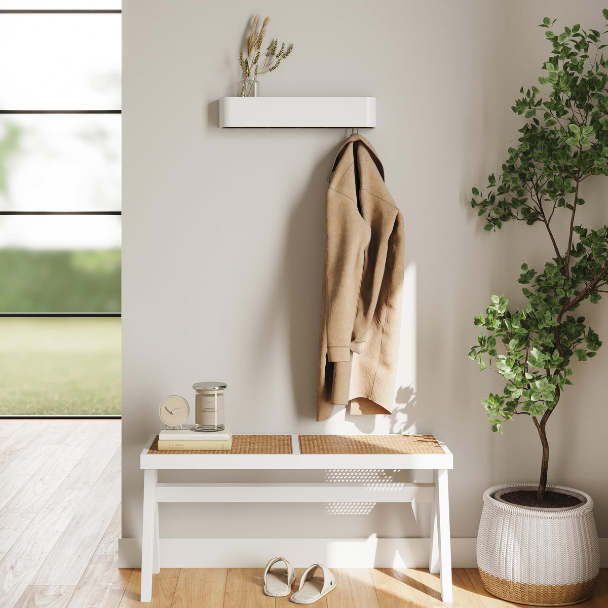 Kazai. Wall-Mounted Coat Rack 'Toke' | Modern Design Coat Rack with Hidden Wall Hooks | Solid Wood Veneer Panel Coat Hanger | White