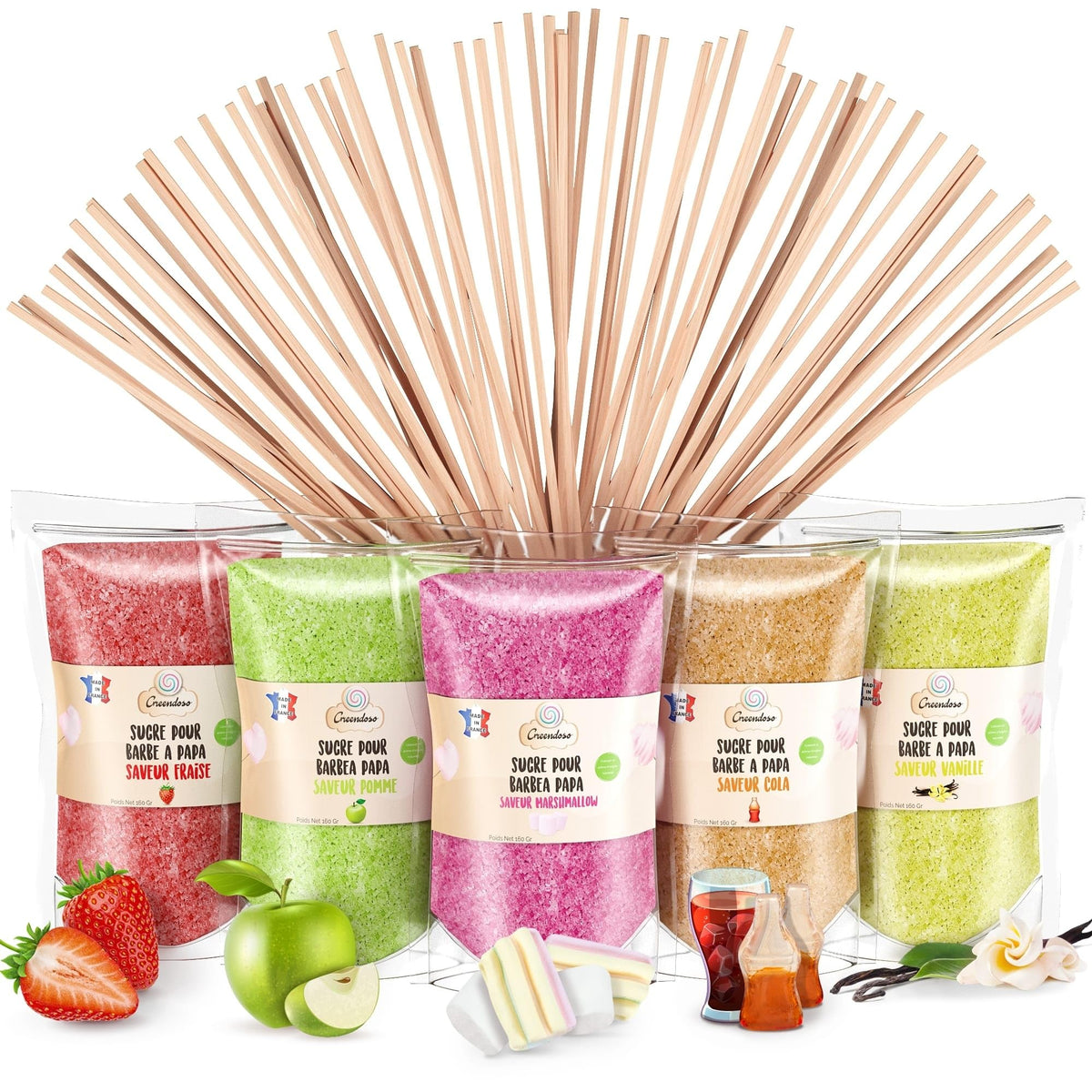 GREENDOSO? Sugar For Candy Floss Machine (5x300g) - Pack of 5 Flavours (Strawberry/Cola/Apple/Marshmallow/Vanilla) - Natural Colourings & Flavours -