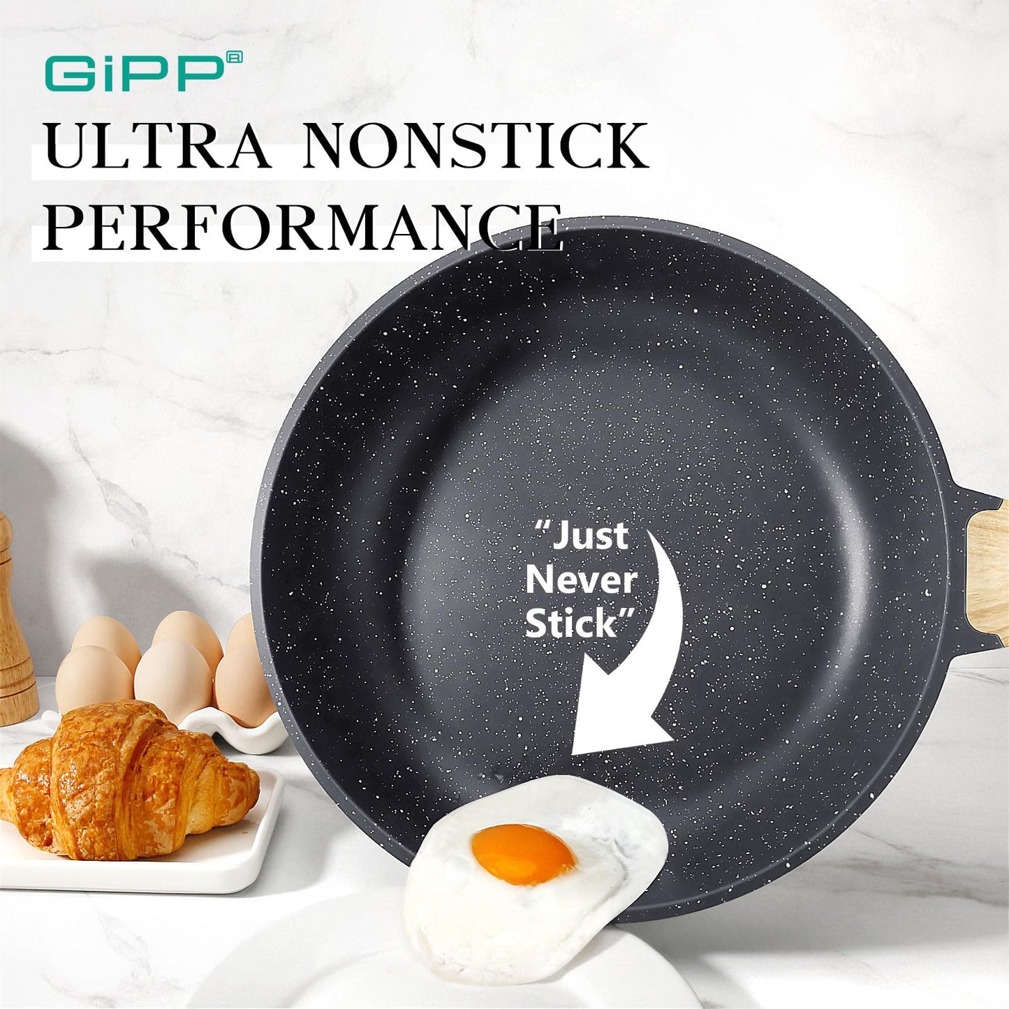 GiPP Non Stick Frying Pan Set - 20/24/28cm Grey Nonstick Pan Skillet, Non Toxic Pans for Cooking, Omelette Pan with Stay Cool Handle, Easy to Clean,