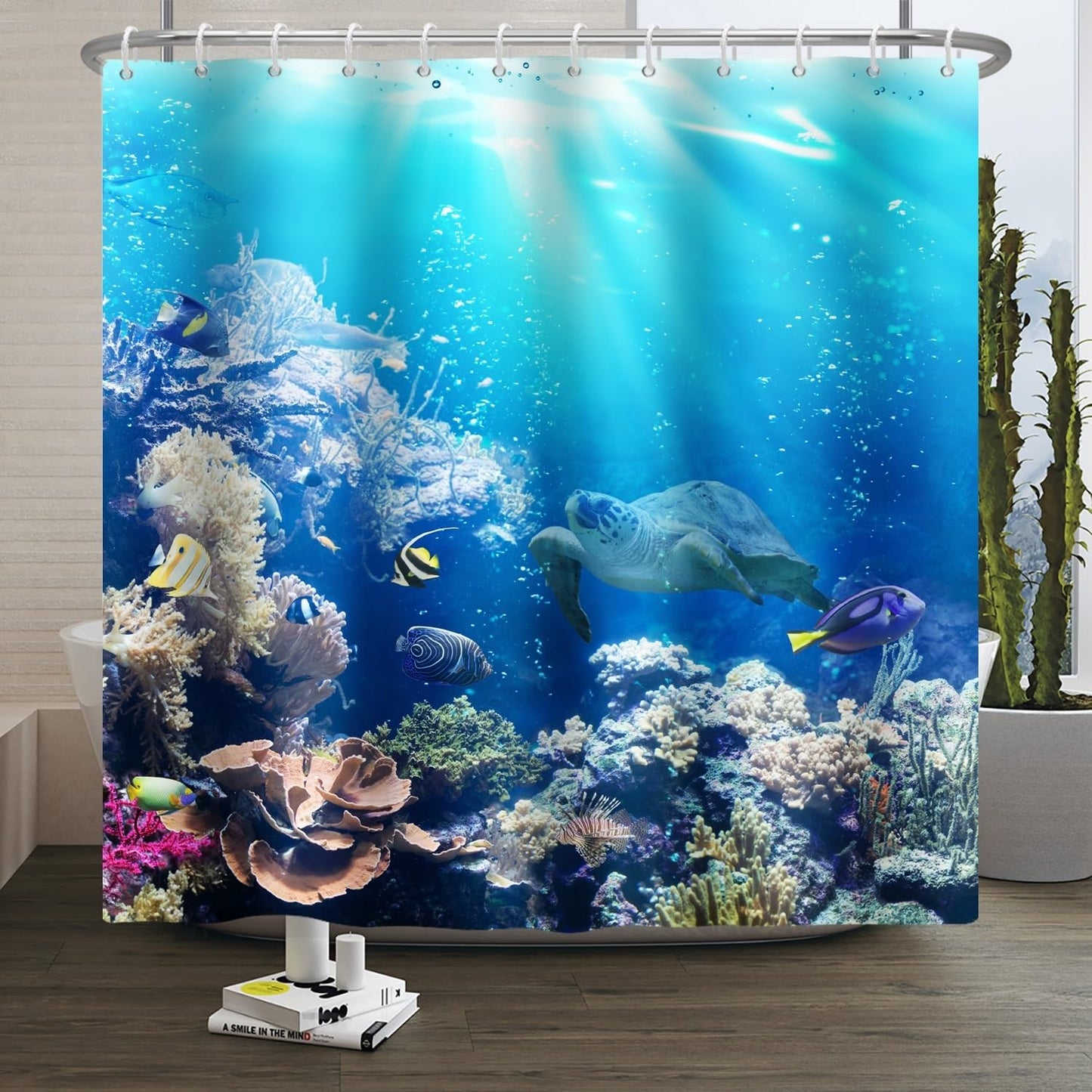 Xiaoterna Ocean Shower Curtain Underwater Marine Life Sea World Turtles Fishes Bathroom Curtain Coral Reef Floral Washable Waterproof Mildew Resistant