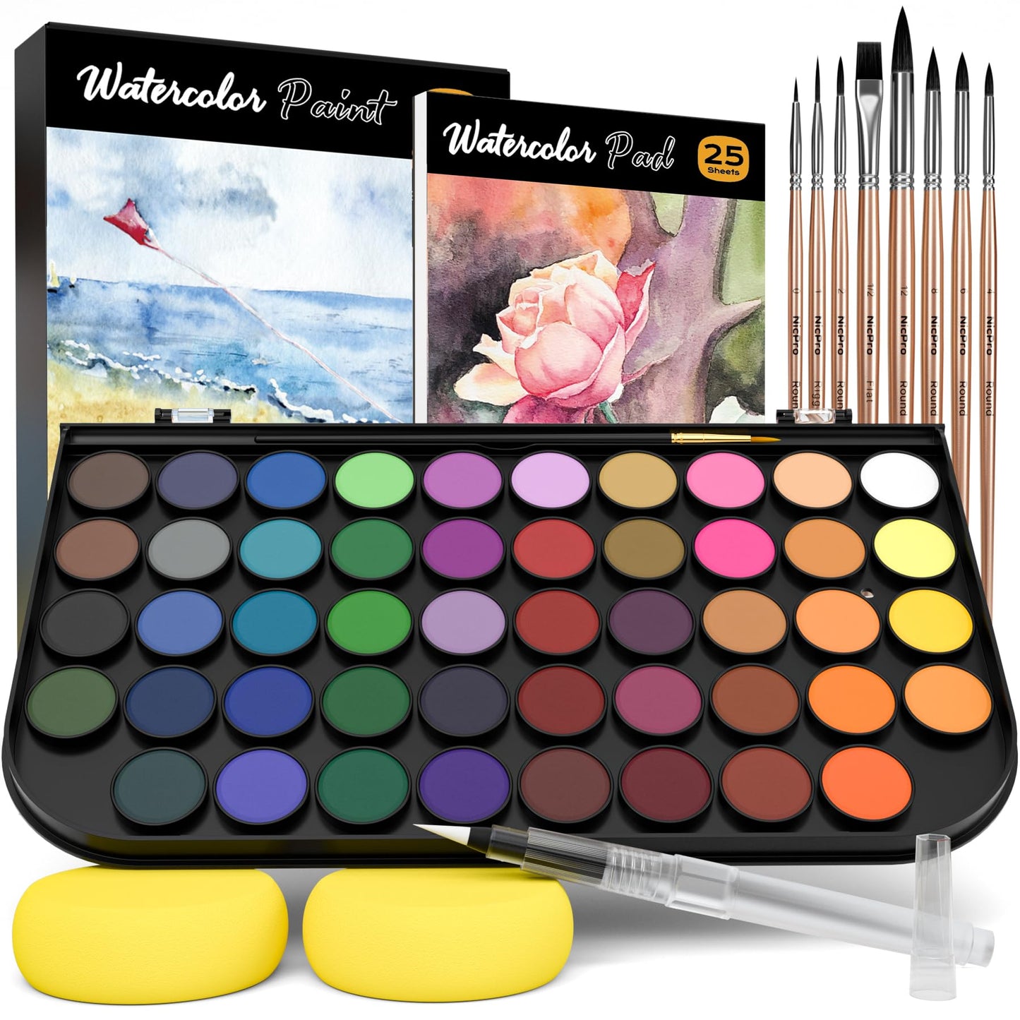 Nicpro 13 pcs Watercolour Paint Set, 48 Water Colors Kit with 8 Painting Brushes, Palette, Watercolour Pen, 25 Art Pad Paper, 2 Art Sponges, Non-toxic