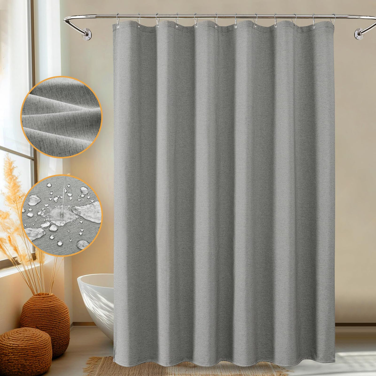 FY&XZH Dark Grey Shower Curtain, Heavy-Duty Linen-Texture Fabric Shower Curtain, Extra Soft Double-layer waterproof Shower Curtains With Smart