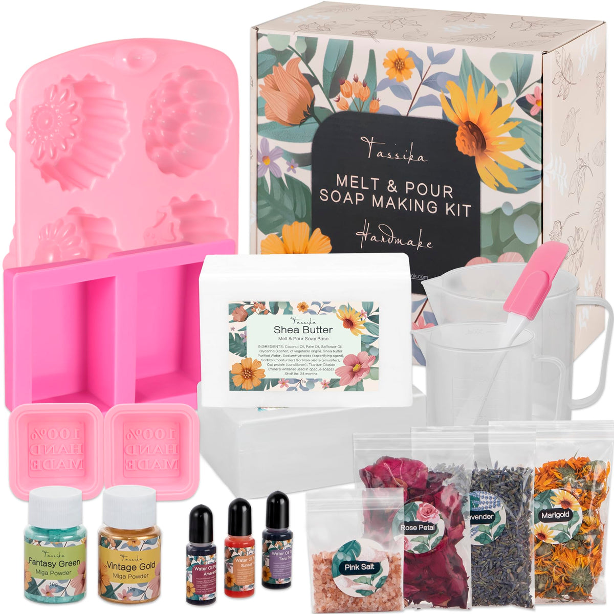 Handmade Soap Making Kit Supplies, DIY Melt & Pour Soap Making Kit for Adults: Includes 2lbs Soap Base, Dried Flowers, Pigment, Silicon Mold,
