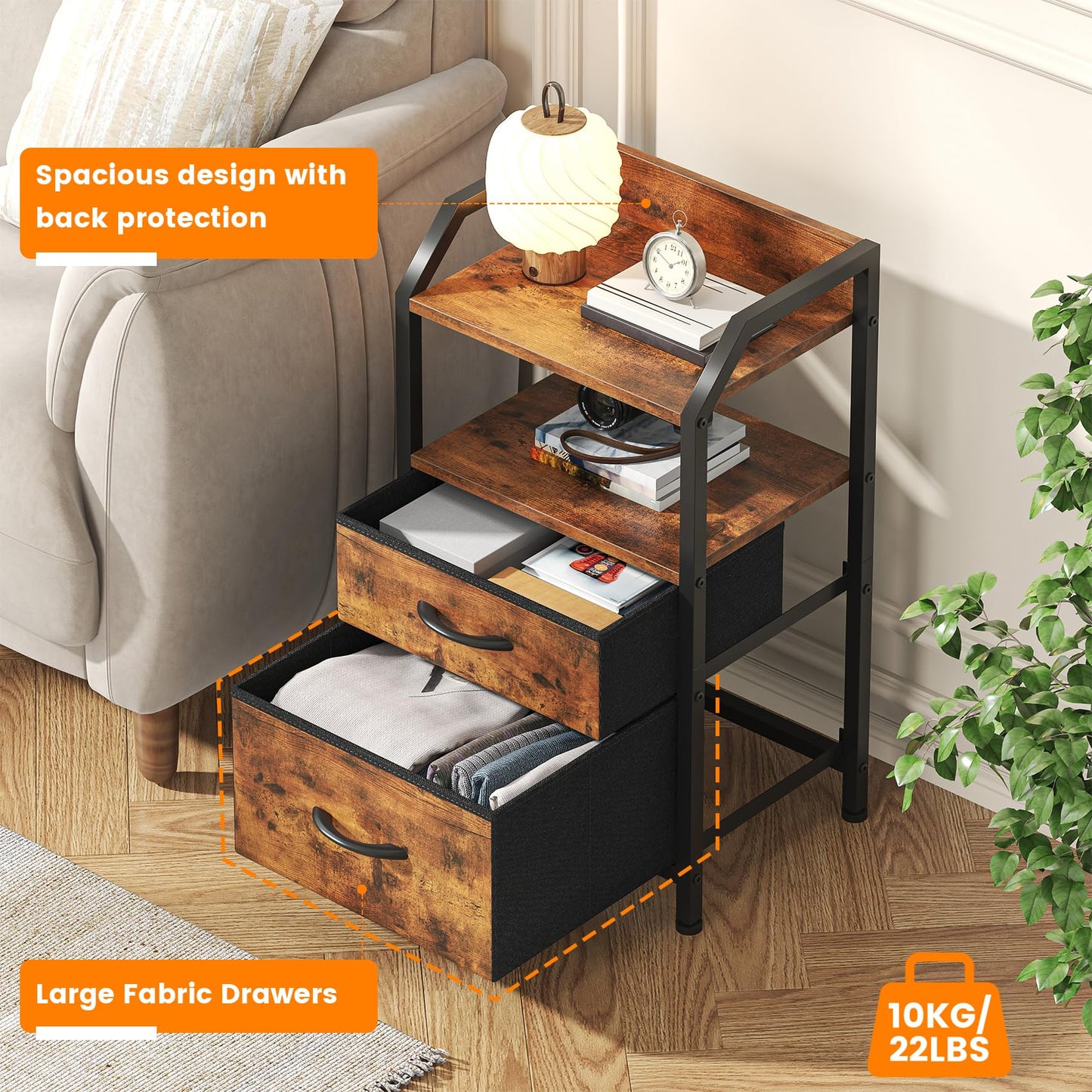 Feonase Set of 2 Bedside Table with 2 Fabric Drawers & Open Shelf - Sturdy Metal Frame Nightstand, Compact End Table for Bedroom, Living Room