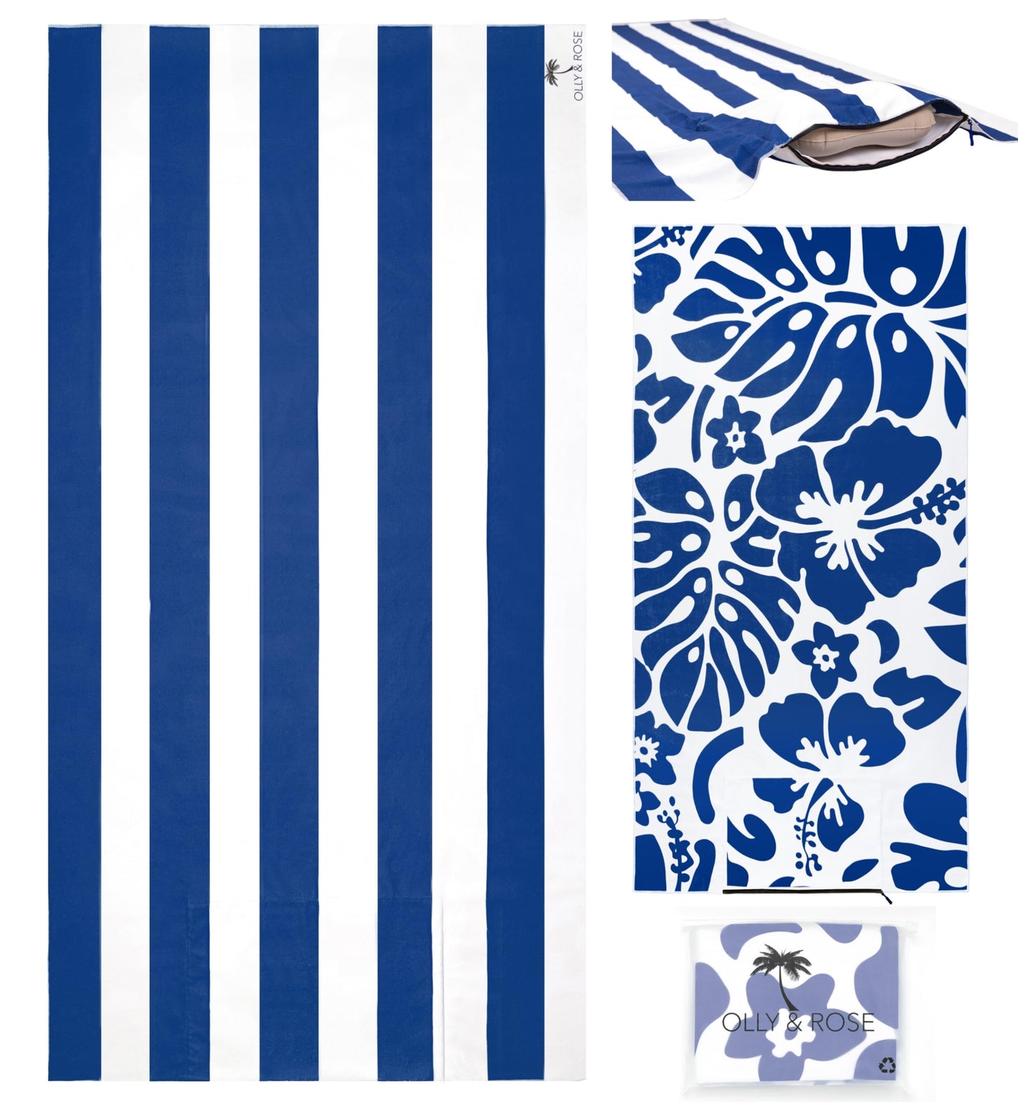 Olly & Rose Luxury Microfibre Extra Large Beach Towel with Zip Pocket and Inflatable Pillow and Reversible Pattern 100 x 200cm Blue - 300GSM Luxury