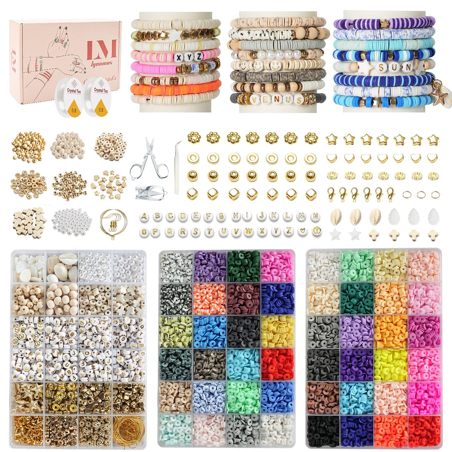 Lynnmos Clay Beads Bracelet Making Kit - 15000 Pcs, 6mm Heishi Disc Beads - DIY Jewelry Making Kit with 2 Boxes, Charms, and Gift Pack for Creative
