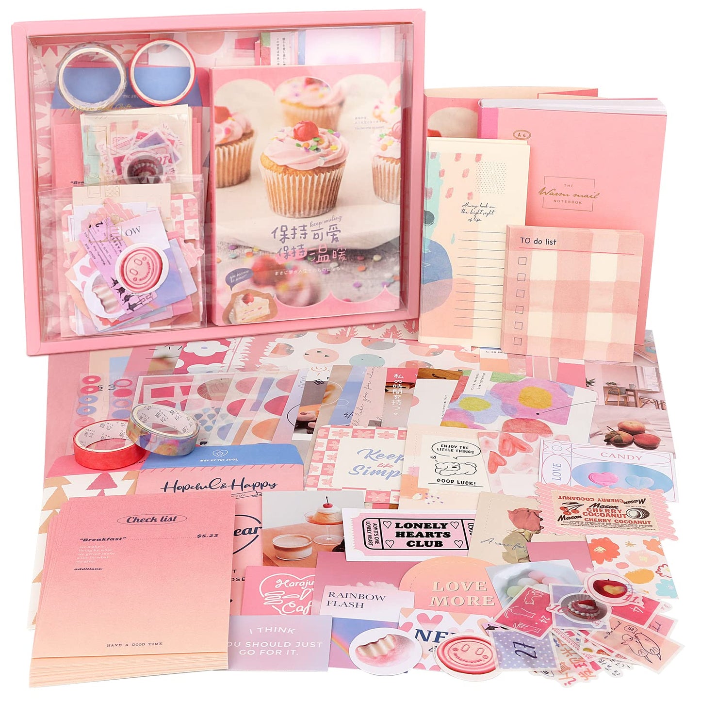 Draupnir Pink Cute Kawaii Scrapbook Kit(348pcs), Bullet Junk Journal Kit with Journaling/Scrapbooking Supplies, Stationery, A6 Grid Notebook with