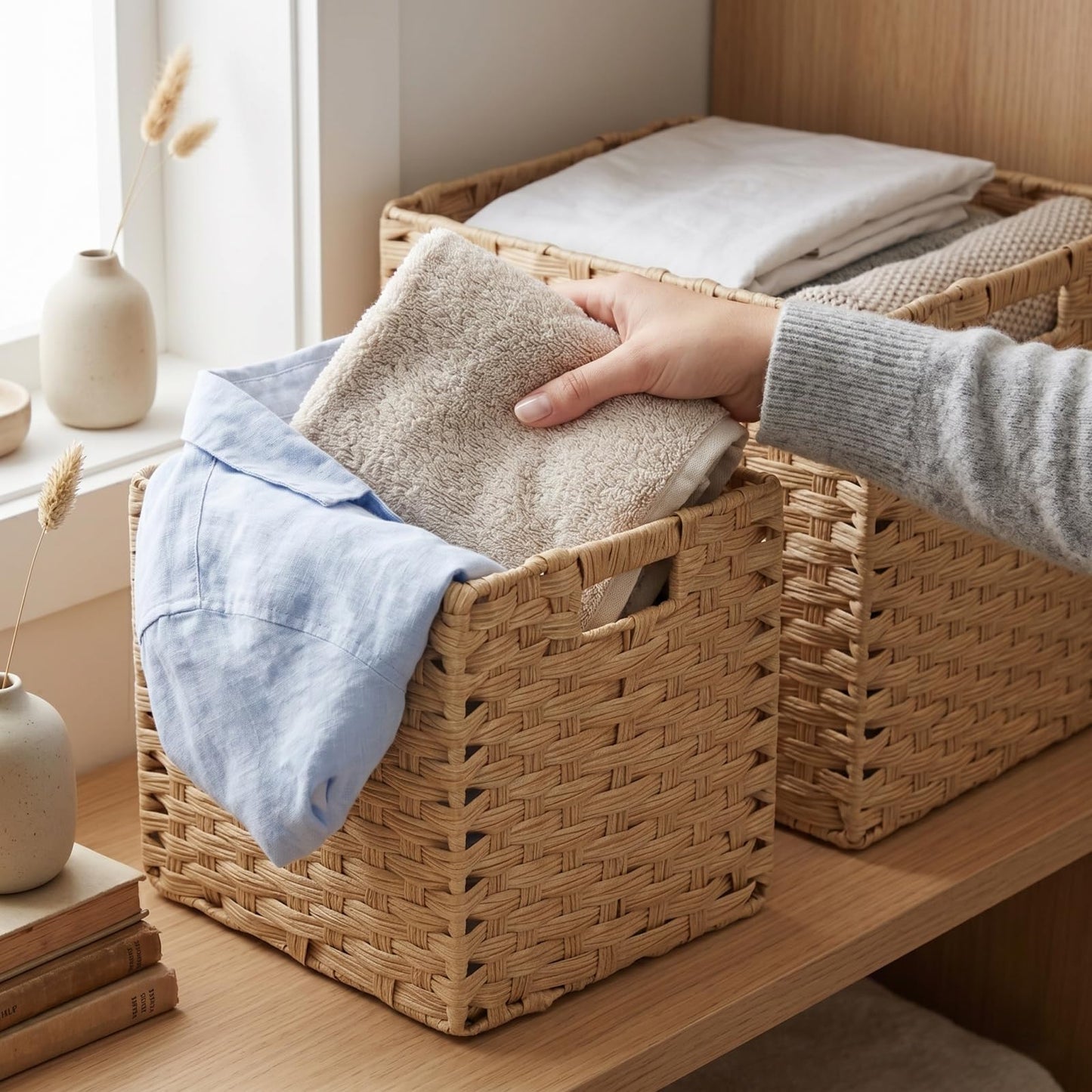 SOCOHOME Cube Storage Box,25x25x25cm Faux Rattan Storage Basket for Toy Clothes Shelf Nursery Closet Waterproof, Non-Mouldy(Light Beige, 2 Pack)