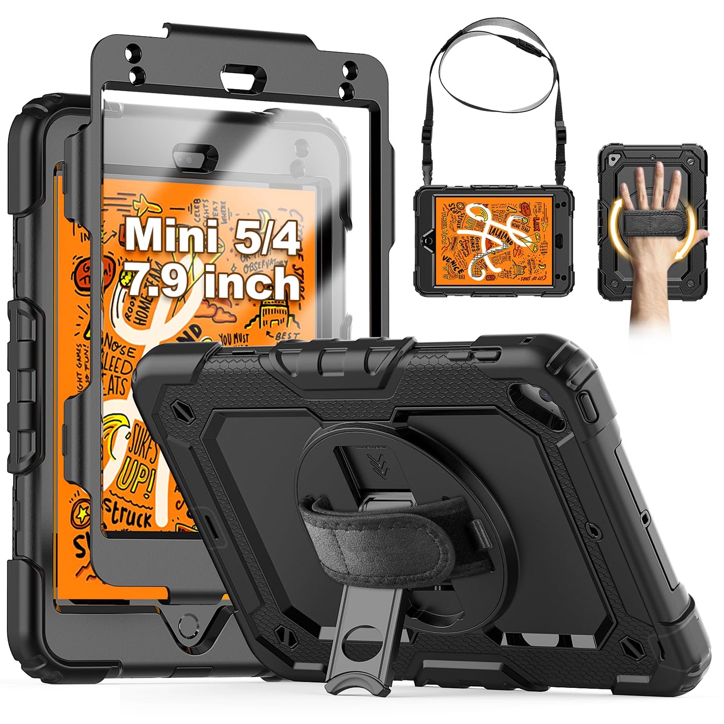 SEYMCY Case for iPad mini 5/4 (7.9-Inch 2019/2015 Model), Full-body Shockproof with Screen Protector, 360? Rotating Hand Strap & Stand, Pencil Holder,