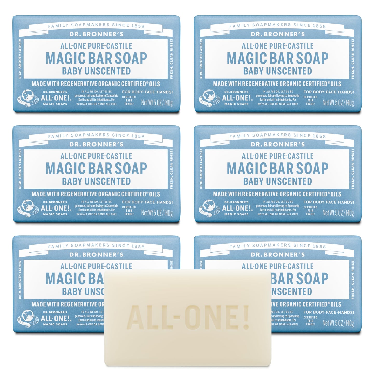 Dr. Bronner's Pure-Castile Bar Soap - Baby Unscented, 5 oz (6 Pack)