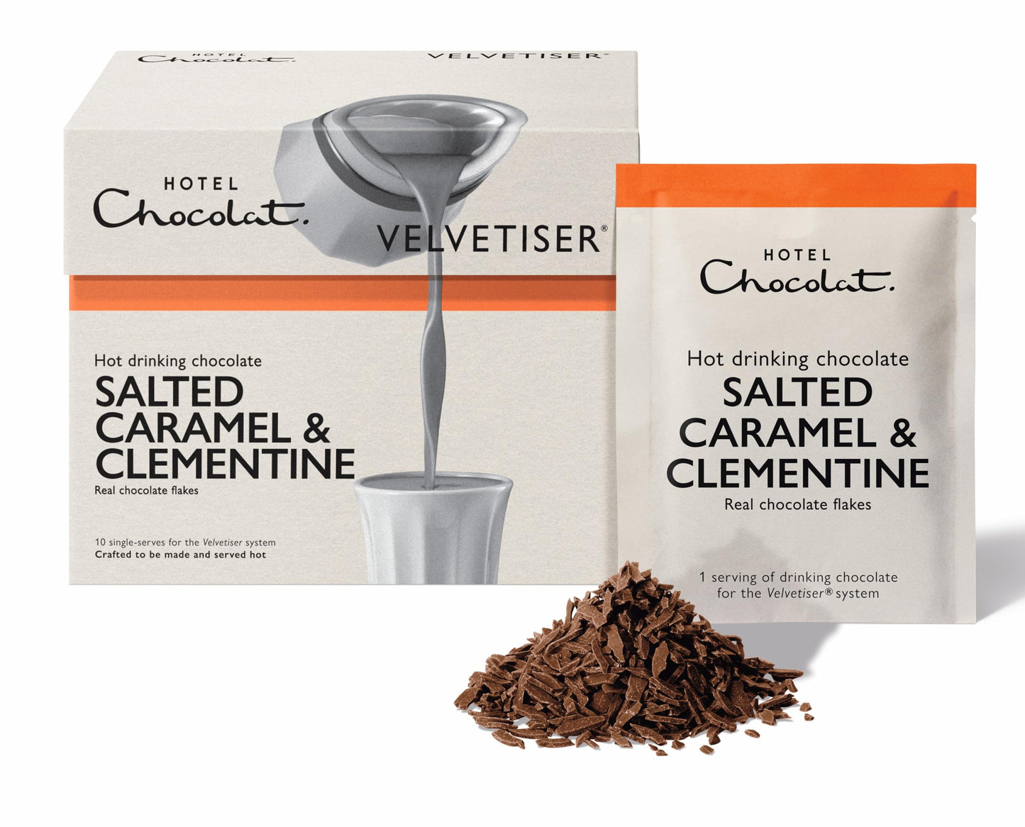 Hotel Chocolat Salted Caramel & Clementine Hot Chocolate Sachets - Luxury Chocolate Flakes - Pack of 10 Single-Serve Sachets, 310g - Suitable for