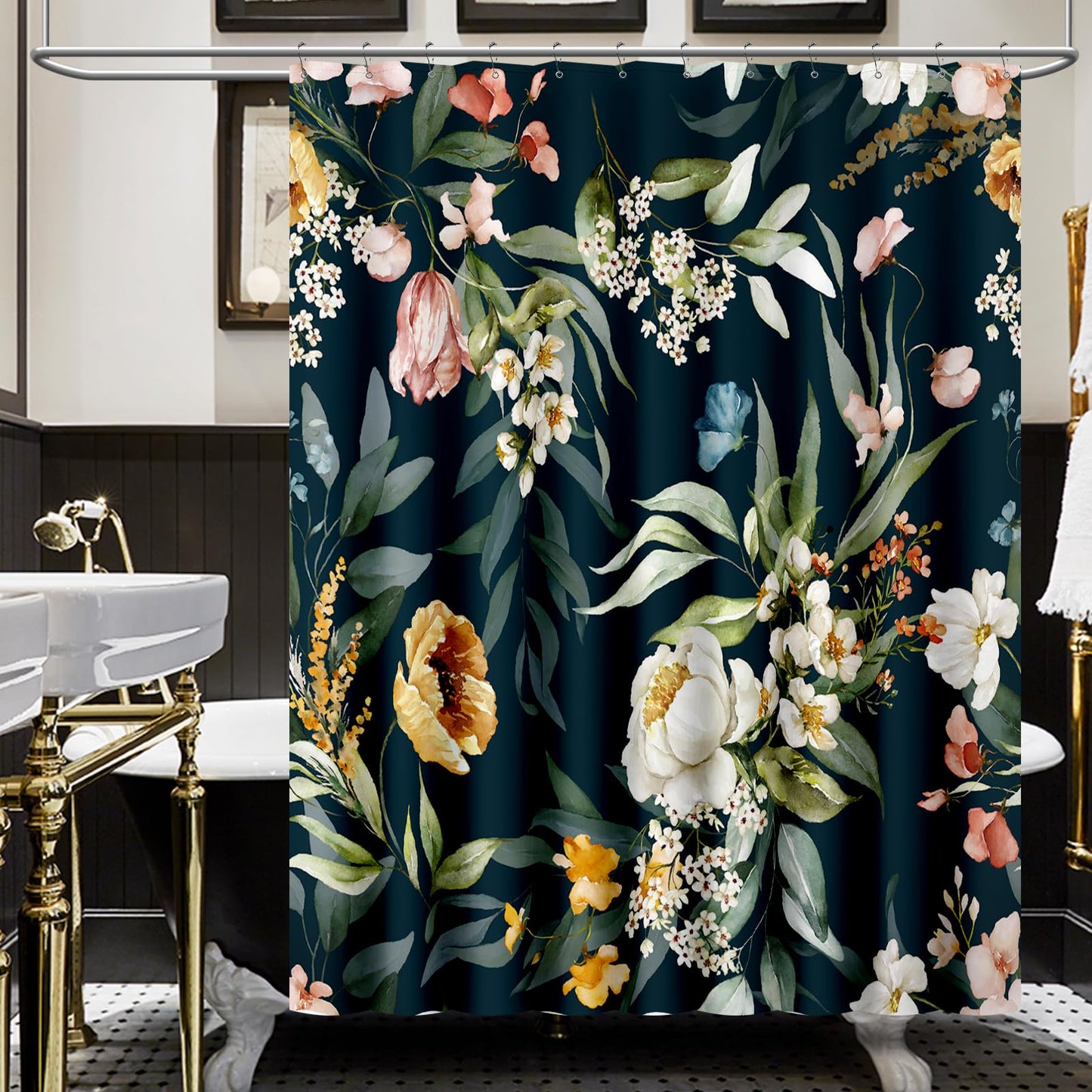 Amaredom Black Floral Shower Curtain, Colorful Flowers Shower Curtain for Bathroom, Waterproof Fabric Shower Curtain Set with 12 Hooks - 183 x 183 cm