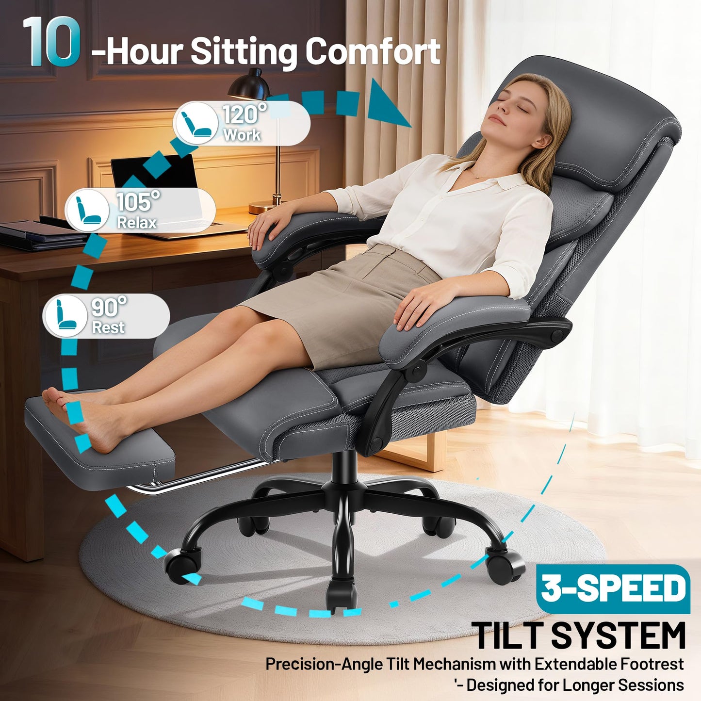 Coscendo Executive Office Chair with Footrest & Armrests, 180kg, Grey