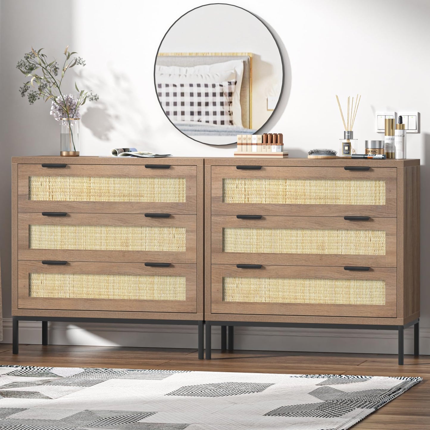 Skokliz Rattan Chest of Drawers with 3 Drawers, Storage Organizer for Bedroom, Wide Dresser Chest of Drawers, Modern Wooden Storage Unit for Hallway