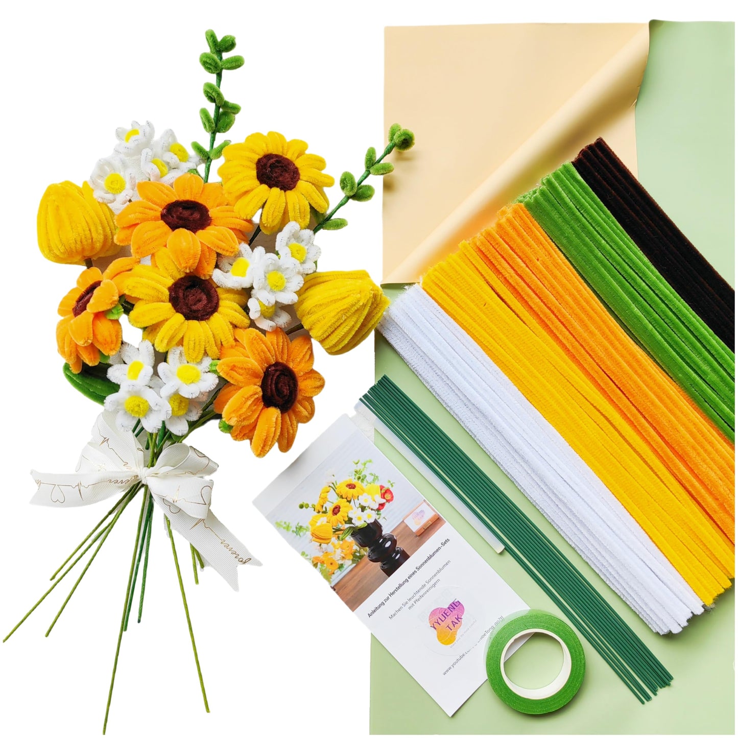 YYUENGTAK 210 pcs Pipe Cleaners for Craft flowers,Pipe Cleaner for Sunflower Bouquet Set(5 Colours), pipe cleaner flowers with Instructions,12 pcs