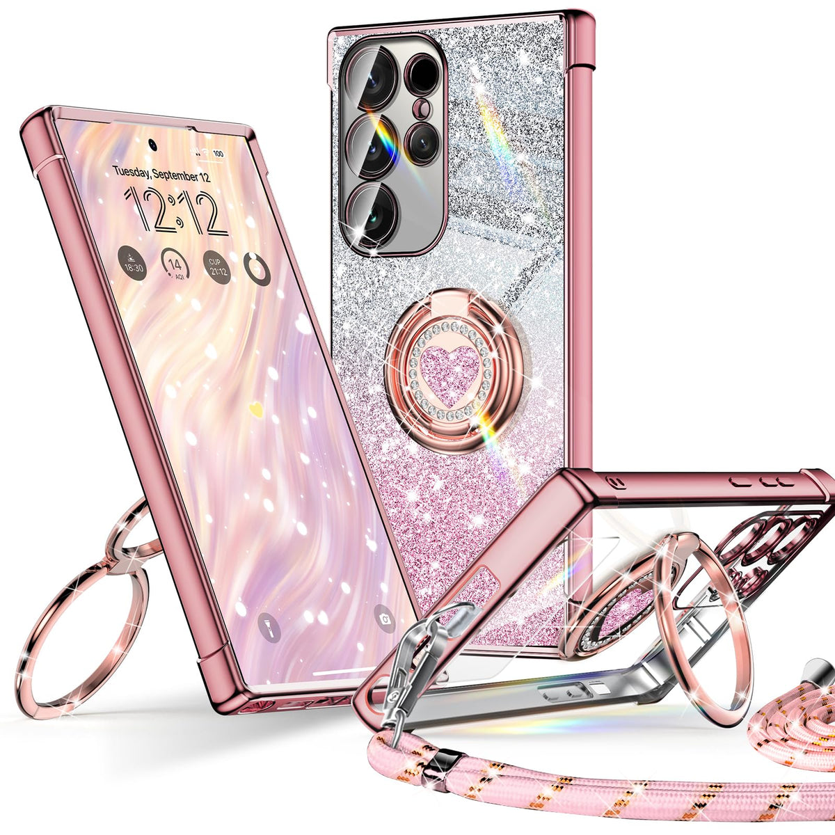XYZ for Samsung Galaxy S25 Ultra Case with Stand, Cute Luxury Love Heart with Lanyard for Women Girls, Double Ring Bling Glitter Clear Protective