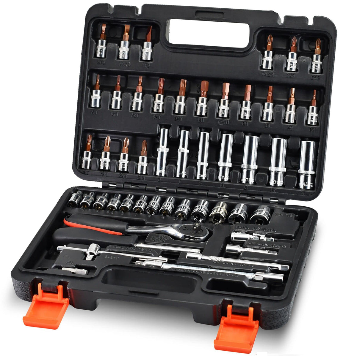 53-Piece 1/4" Socket Set,Driver Bits Metric Tool Set,72 Teeth Quick Release Ratchet Wrench Set with Flexible Extension Rods,S2 Screwdriver Bit,CRV