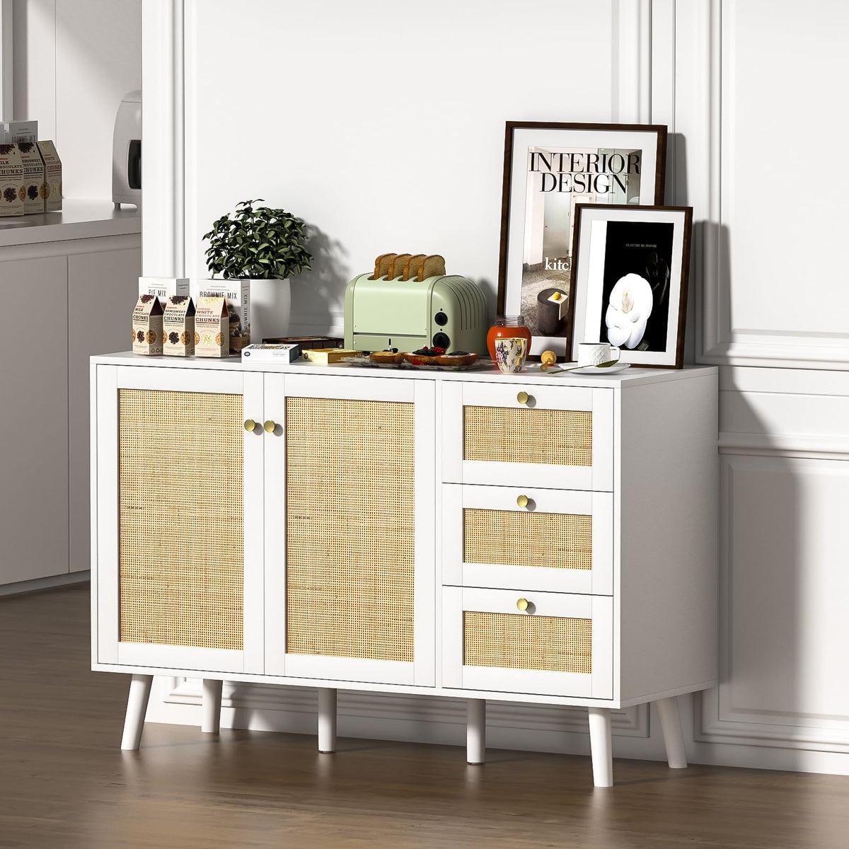 Skokliz Rattan Sideboard, Modern Storage Cabinet with 3 Drawers, Buffet Cabinet with 2 Doors and Adjustable Shelves
