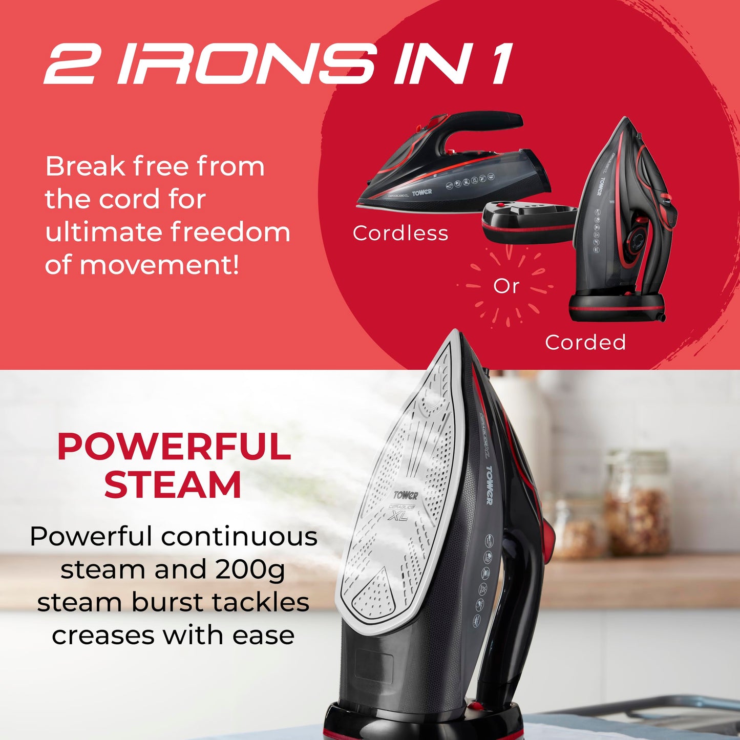 Tower T22035RED Cord/Cordless Steam Iron with Ceraglide XL Ceramic Soleplate, Thermostatic Dial Control, Anti-Calc & Anti-Drip Functions, Auto Shut