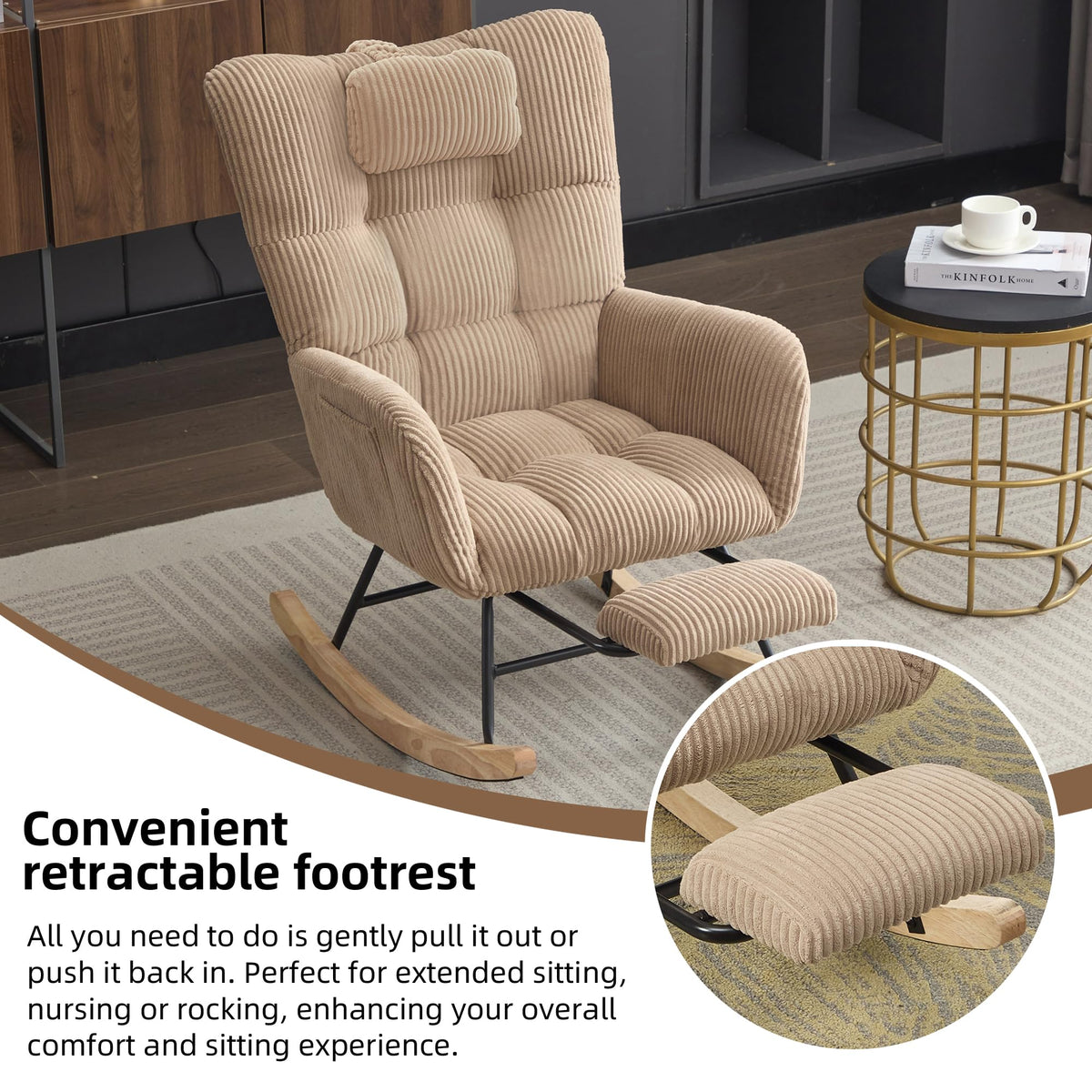 ModernLuxe Rocking Chair Fabric Lounge Armchair with Wooden Rocker Legs,Adjustable Footrest & Headrest, Side Pocket Storage, High Backrest – Brown