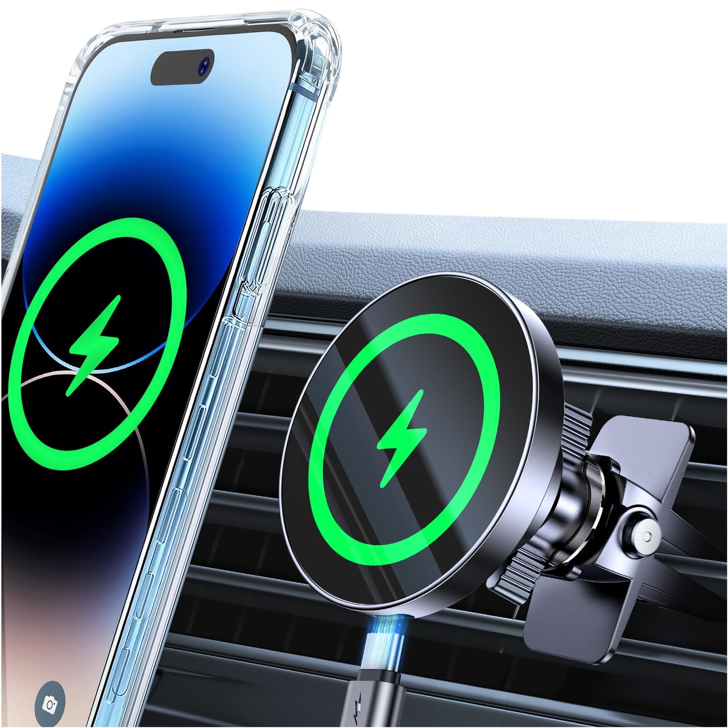 Coolpow for MagSafe Car Mount Charger?360? Rotation?15W Fast Charging Car Phone Holder Wireless Charger for Magsafe Car Charger?Strong Magnet?Magnetic