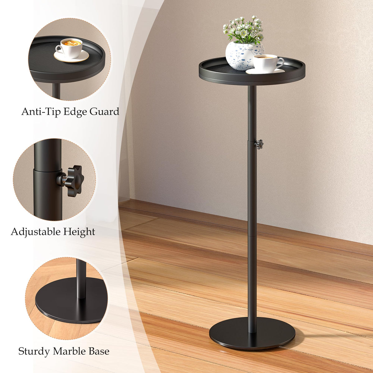 KEENSUNI Round Side Table,Small Round Coffee Table,End Table with Marble Pedestal Side Table for Small Space, Living Room,Bedroom,Sofa Couch (Black)